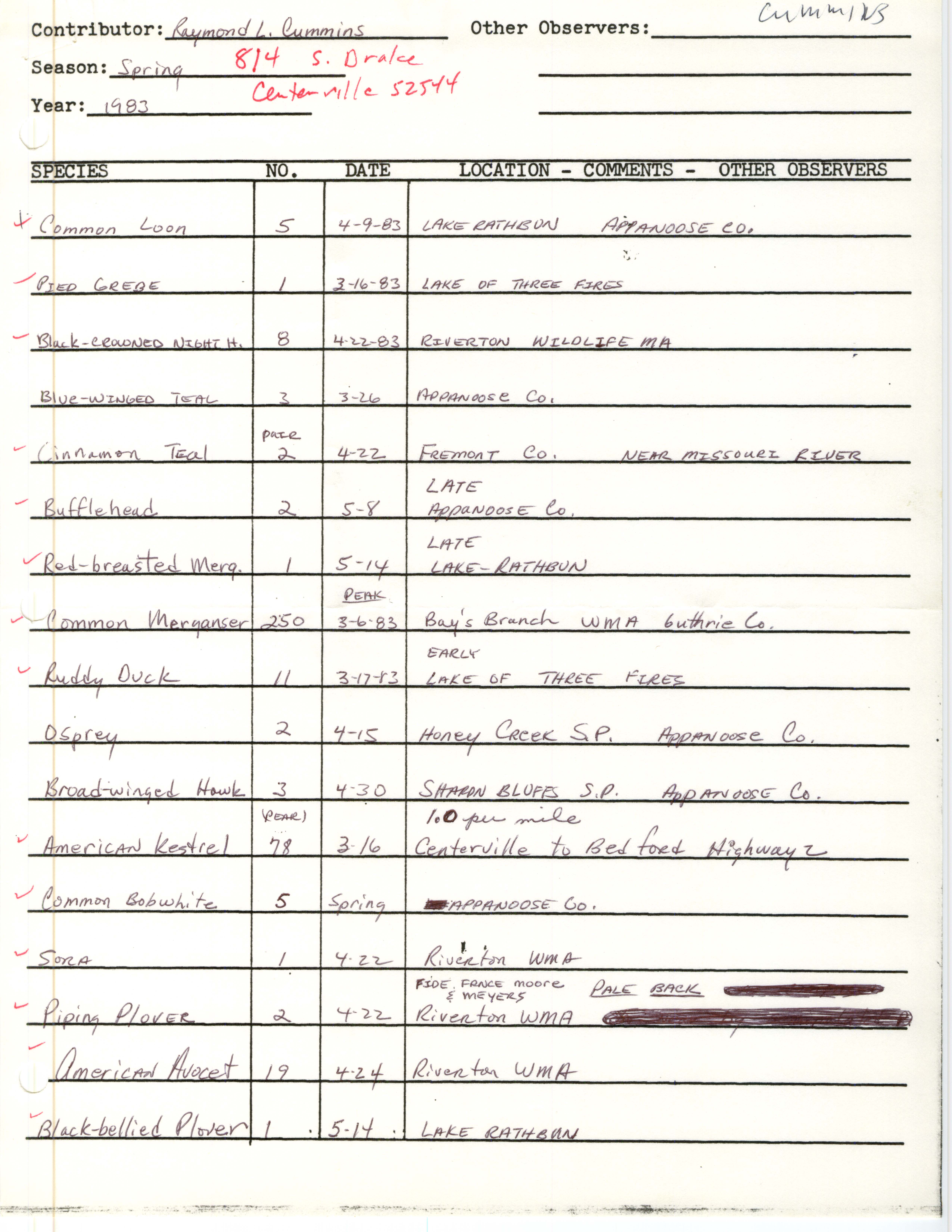 Field notes contributed by Raymond L. Cummins, spring 1983