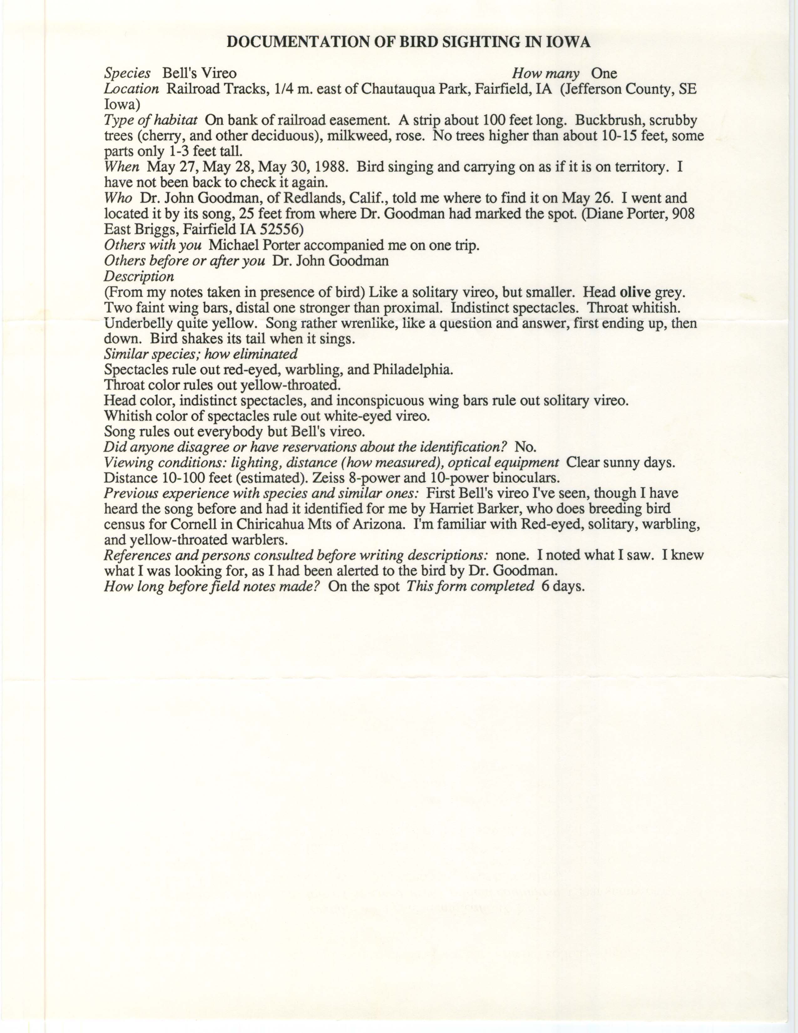 Rare bird documentation form for Bell's Vireo east of Chautauqua Park in Fairfield in 1988