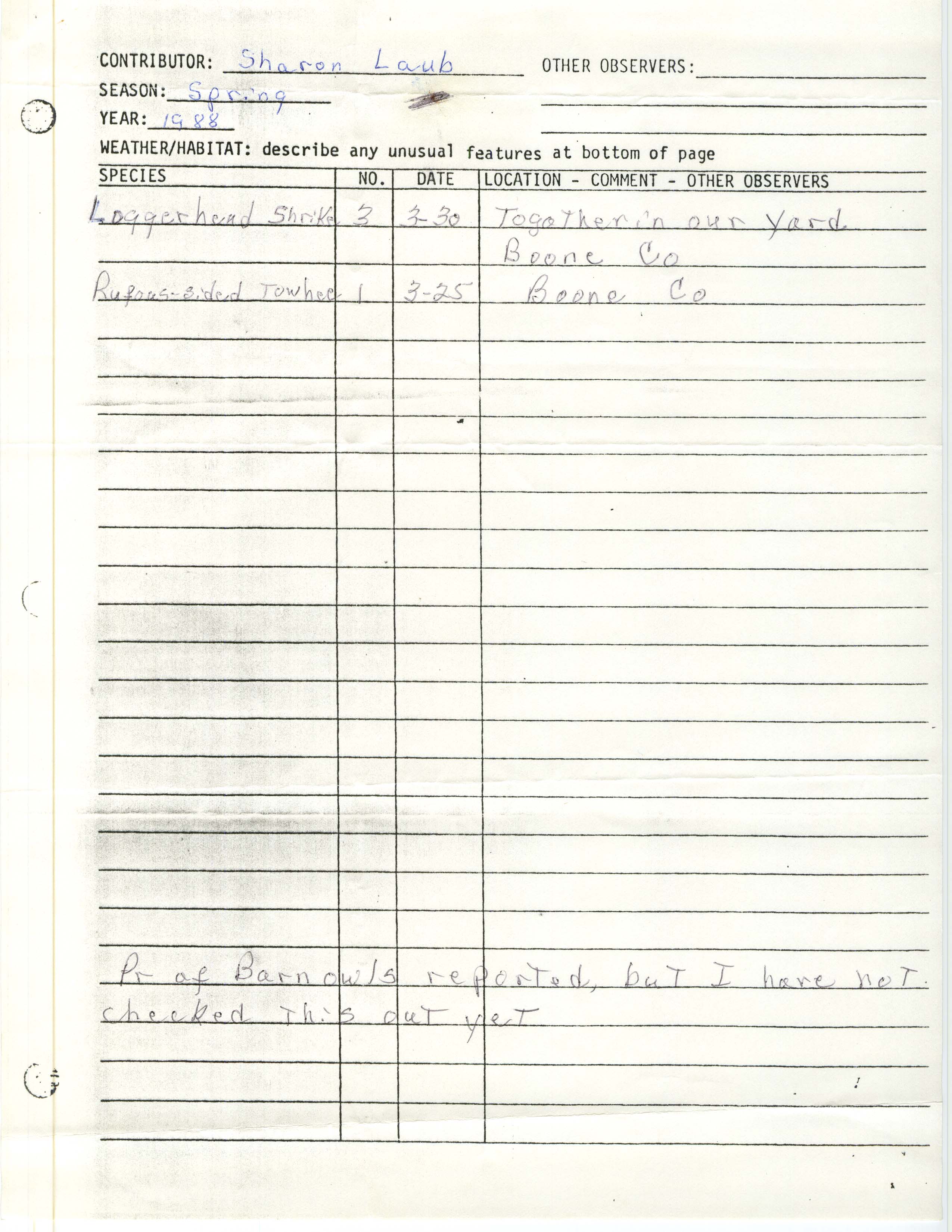 Field notes contributed by Sharon Laub, spring 1988