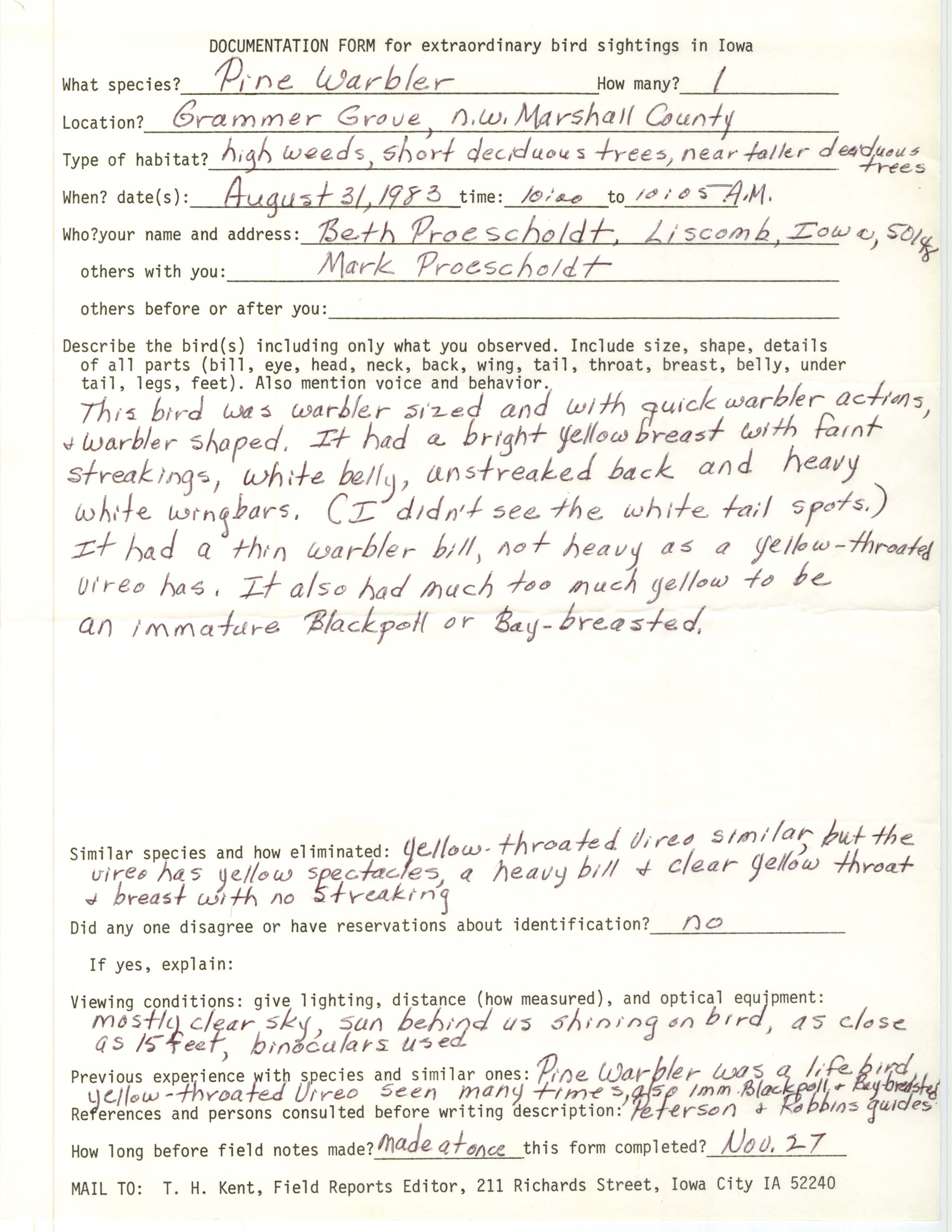 Rare bird documentation form for Pine Warbler at Grammer Grove County Wildlife Area, 1983