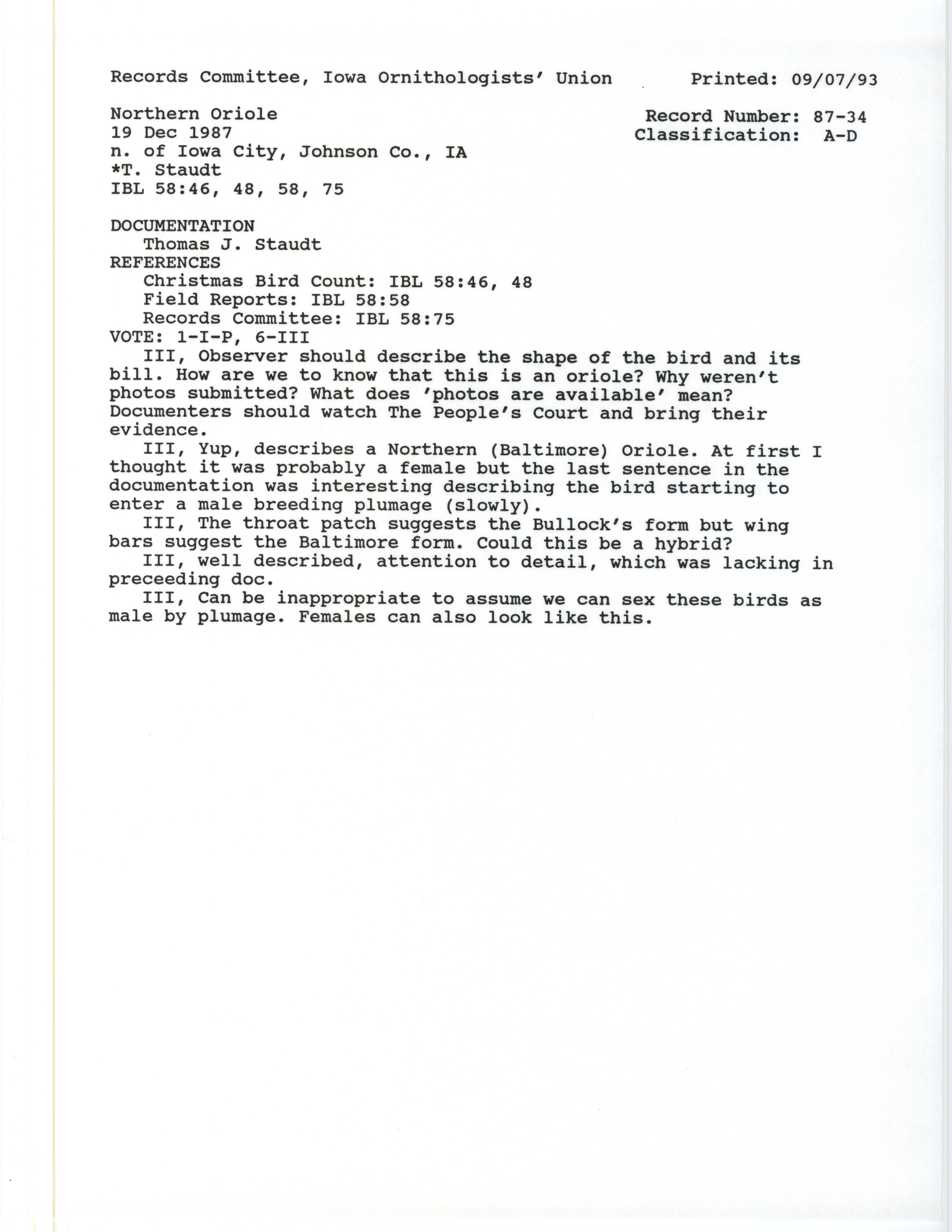 Records Committee review for rare bird sighting for Baltimore Oriole at Iowa City, 1987
