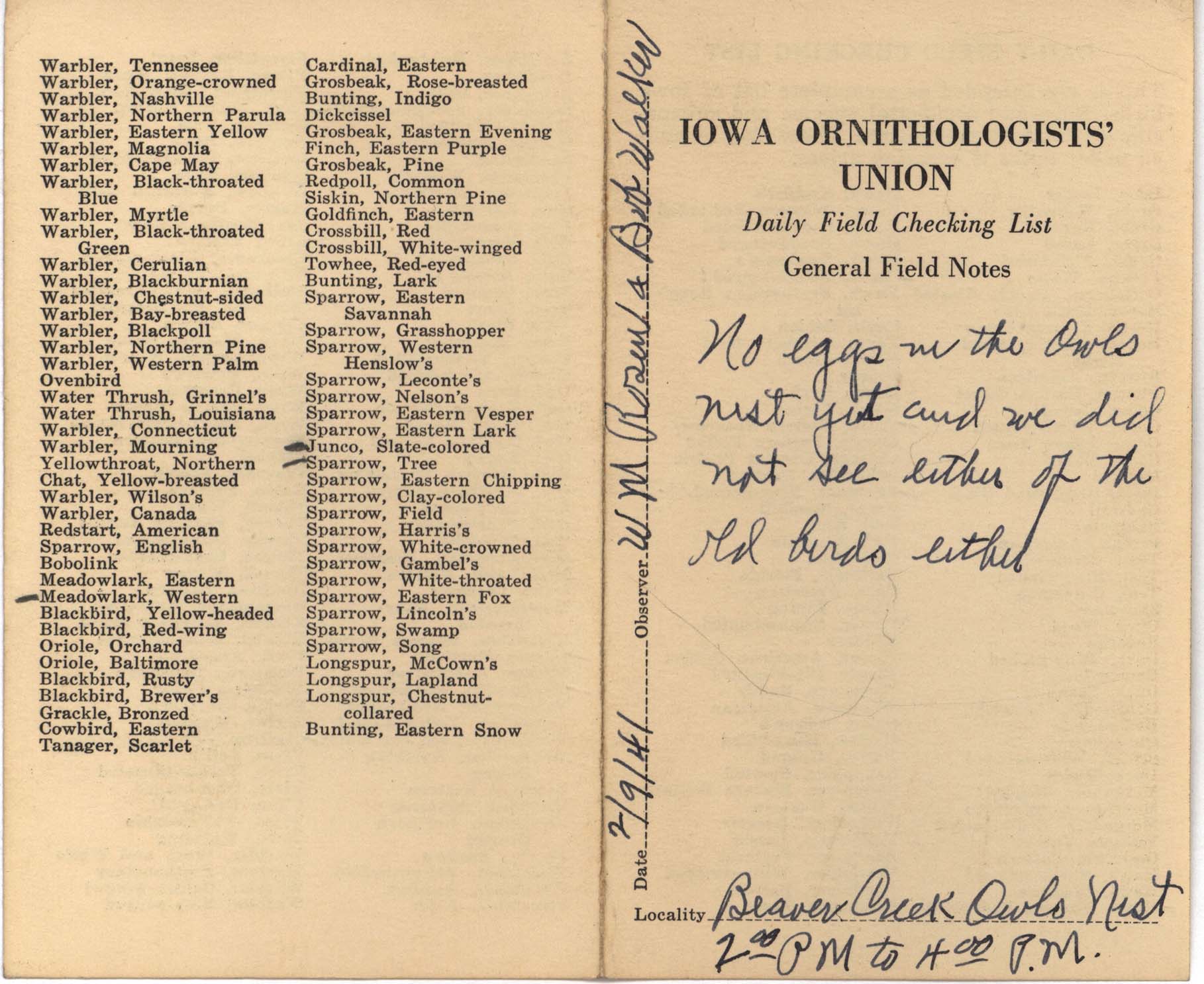 Daily field checking list by Walter Rosene, February 9, 1941