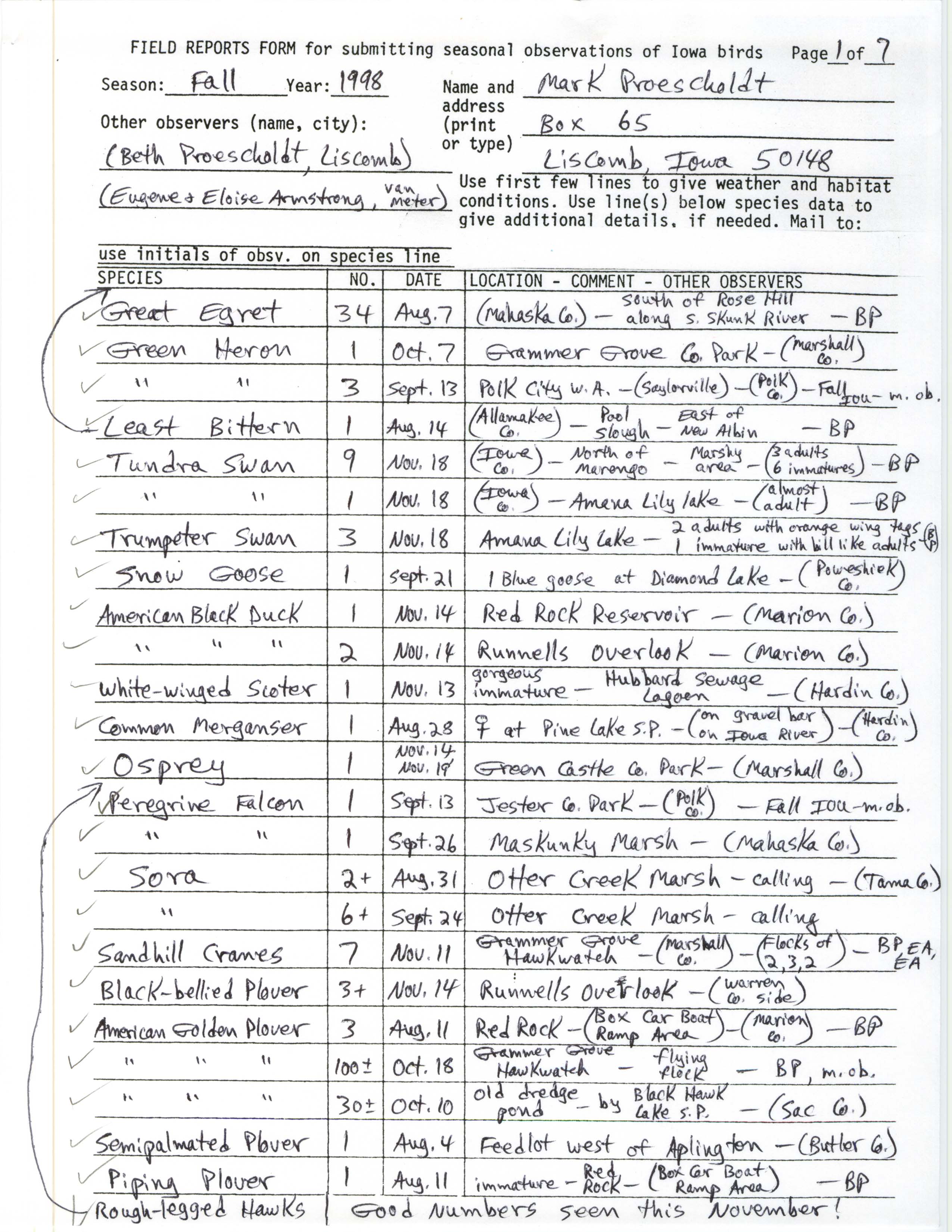 Field reports form for submitting seasonal observations of Iowa birds and letter to Thomas H. Kent contributed by Mark Proescholdt, fall 1998