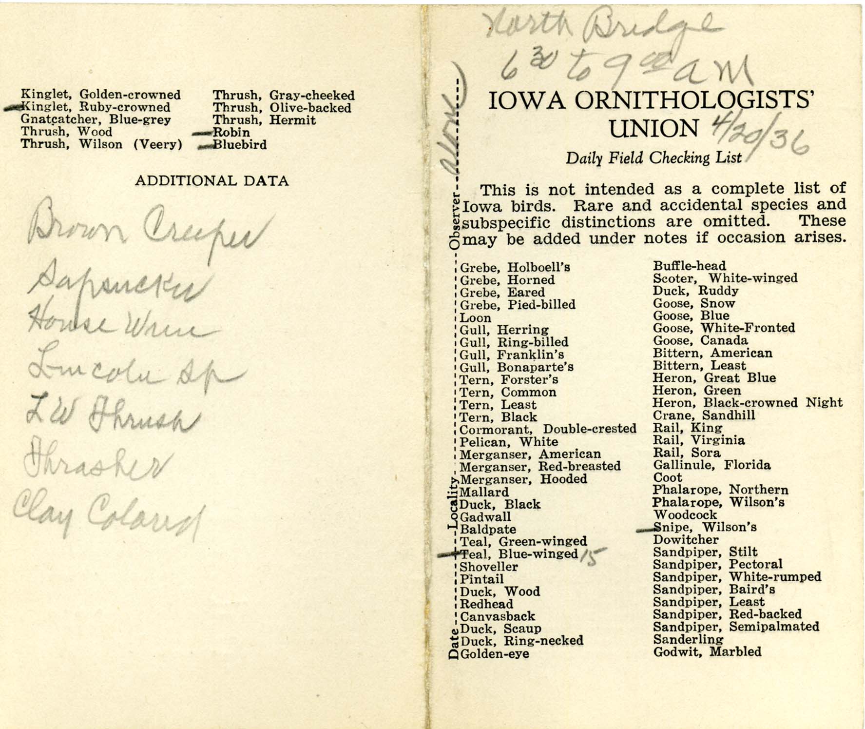 Daily field checking list by Walter Rosene, April 20, 1936
