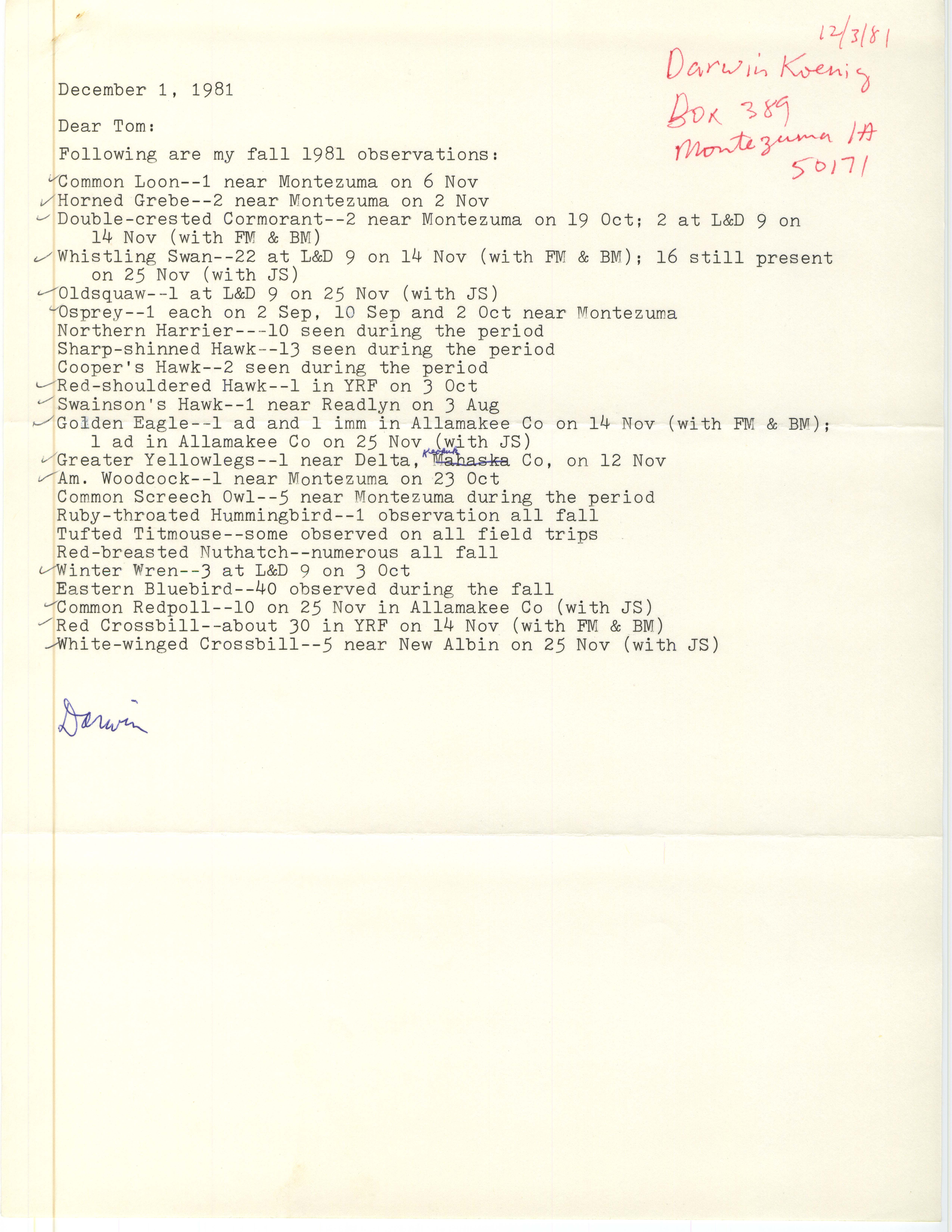 Darwin Koenig letter to Thomas H. Kent regarding field notes, December 1, 1981