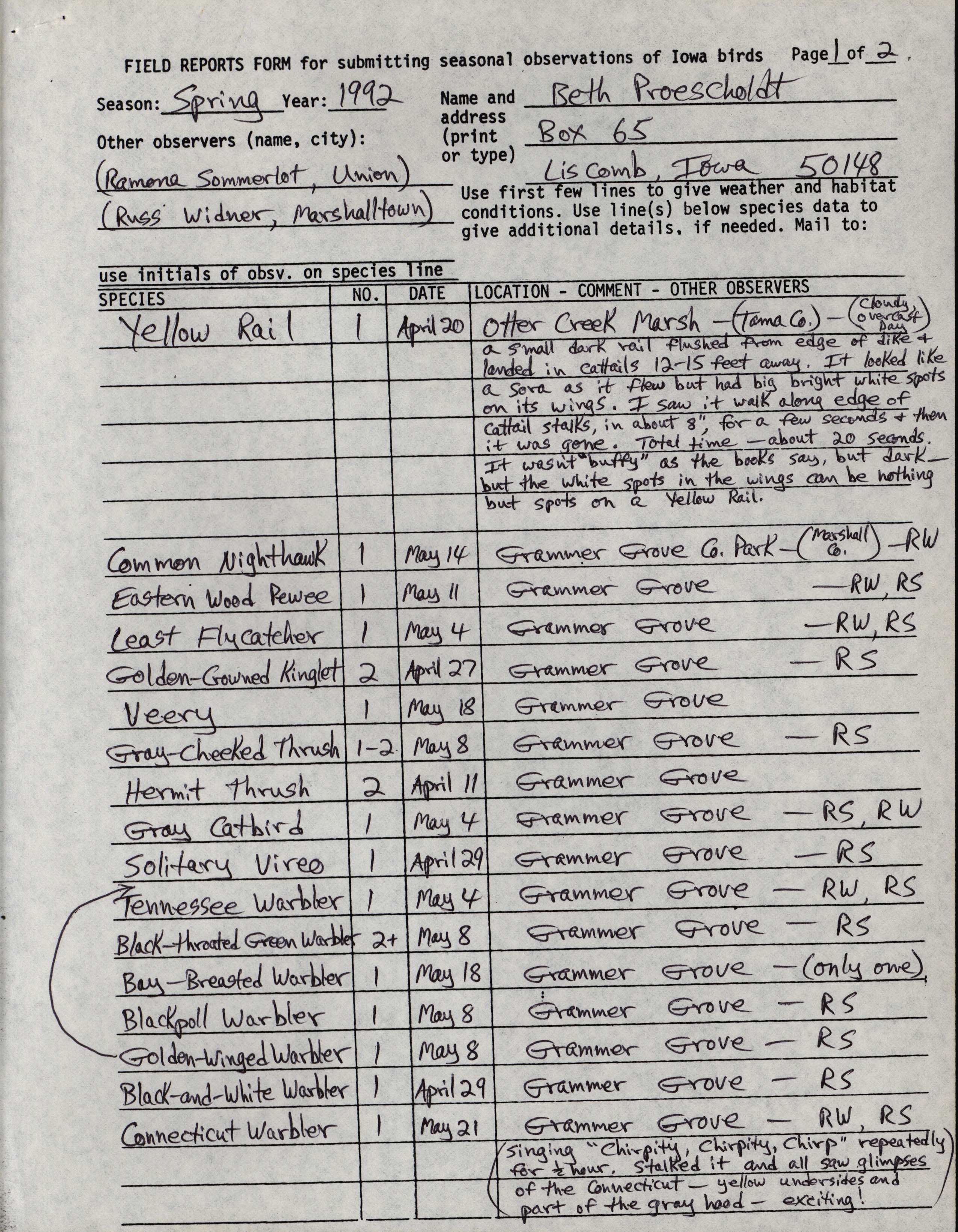 Field reports form for submitting seasonal observations of Iowa birds, Beth Proescholdt, spring 1992