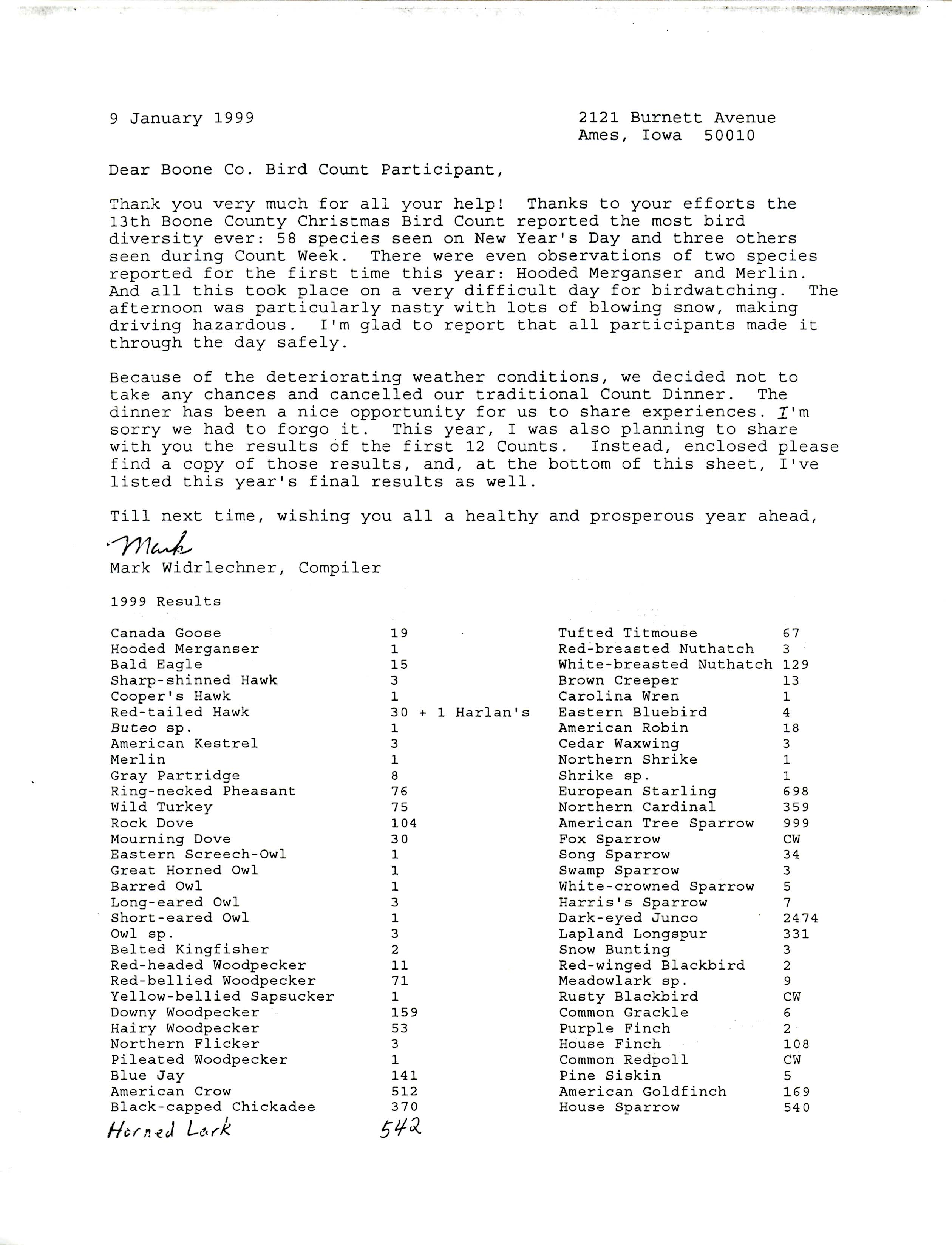 Mark Widrlechner letter to Boone County Bird Count Participants regarding the 1999 Christmas Bird Count results, January 9, 1999