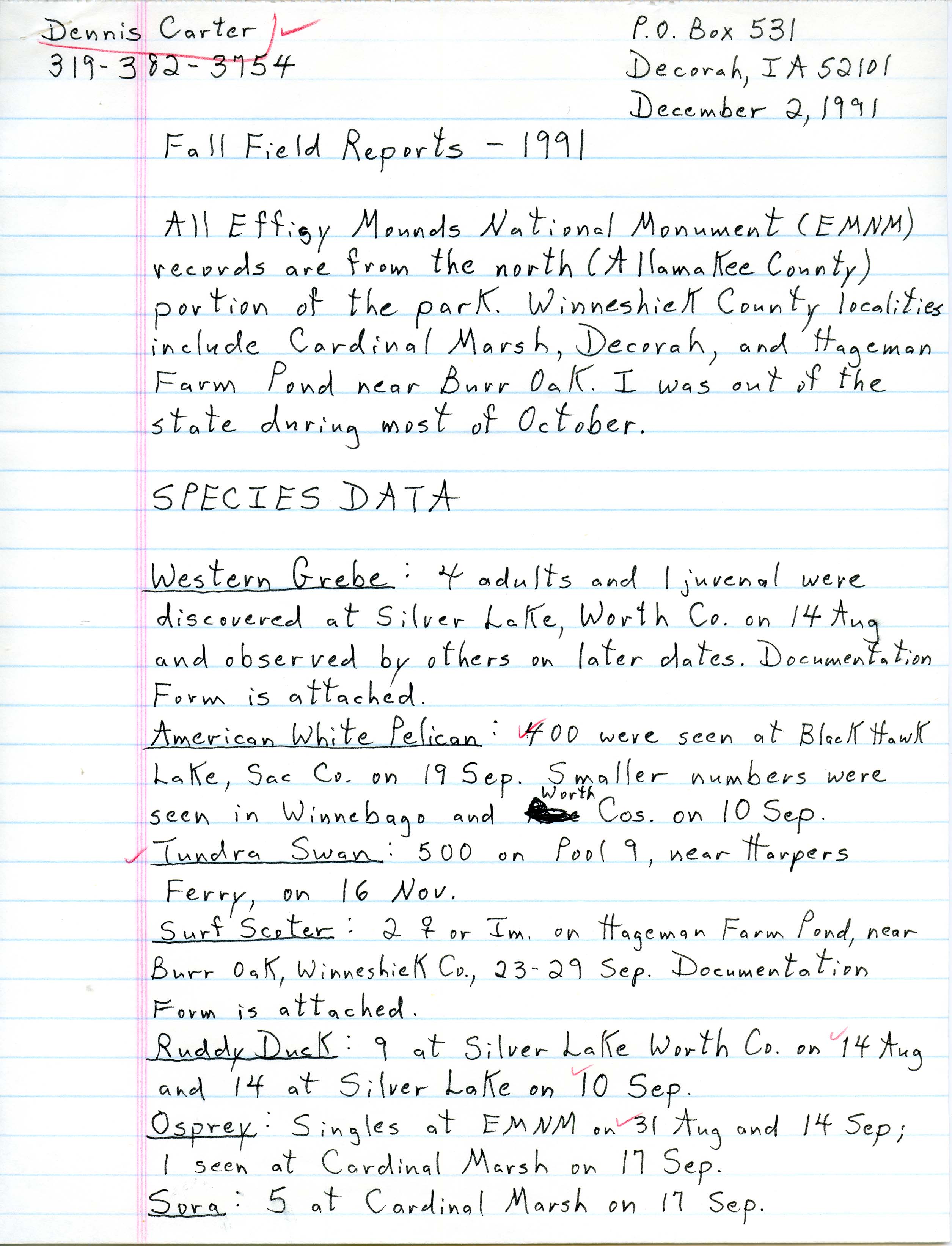 Field notes contributed by Dennis L. Carter, December 2, 1991