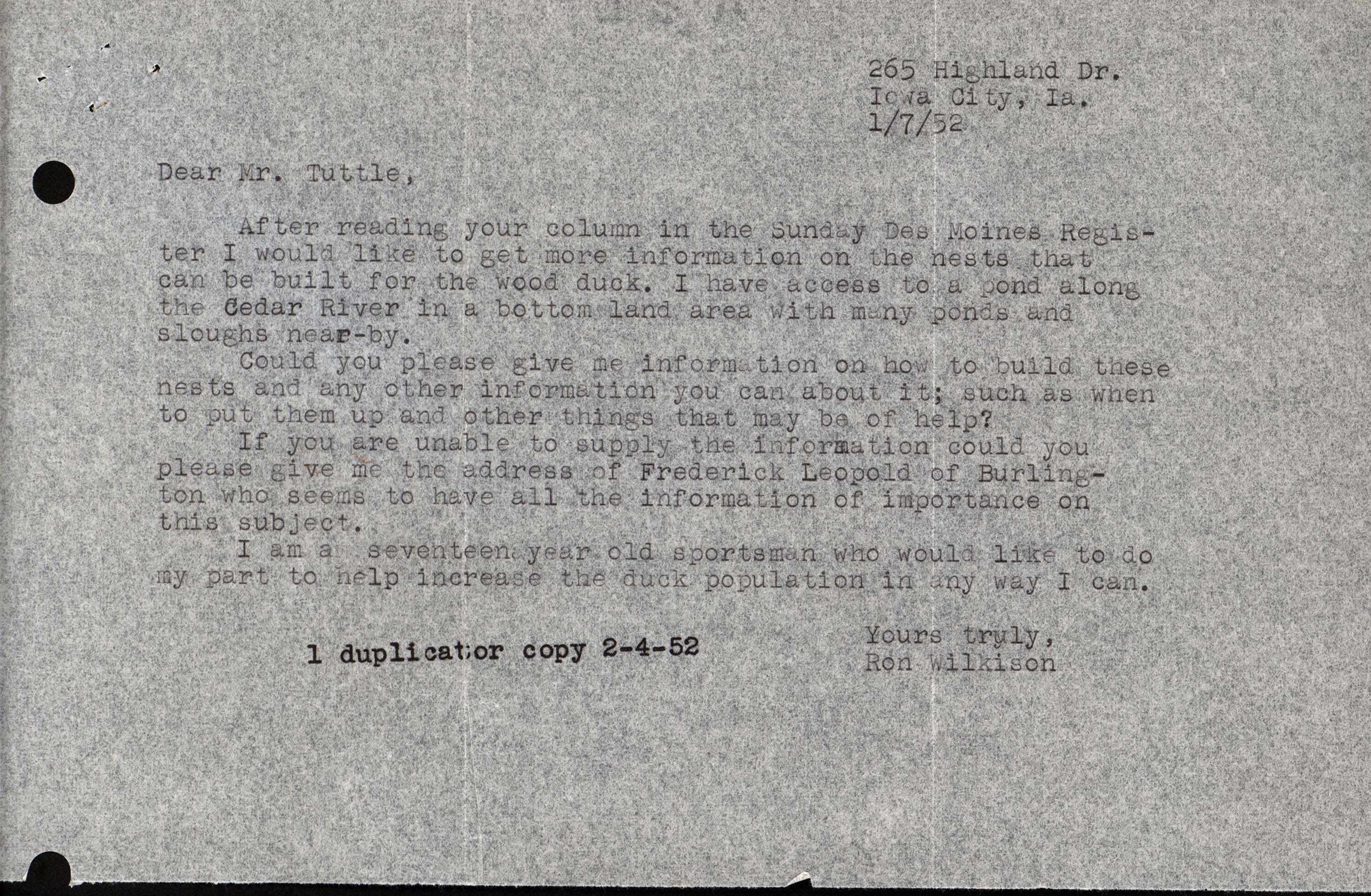Ries Tuttle letter to Frederic Leopold with a forwarded letter from Ronald H. Wilkison regarding Wood Duck houses, January 9, 1952