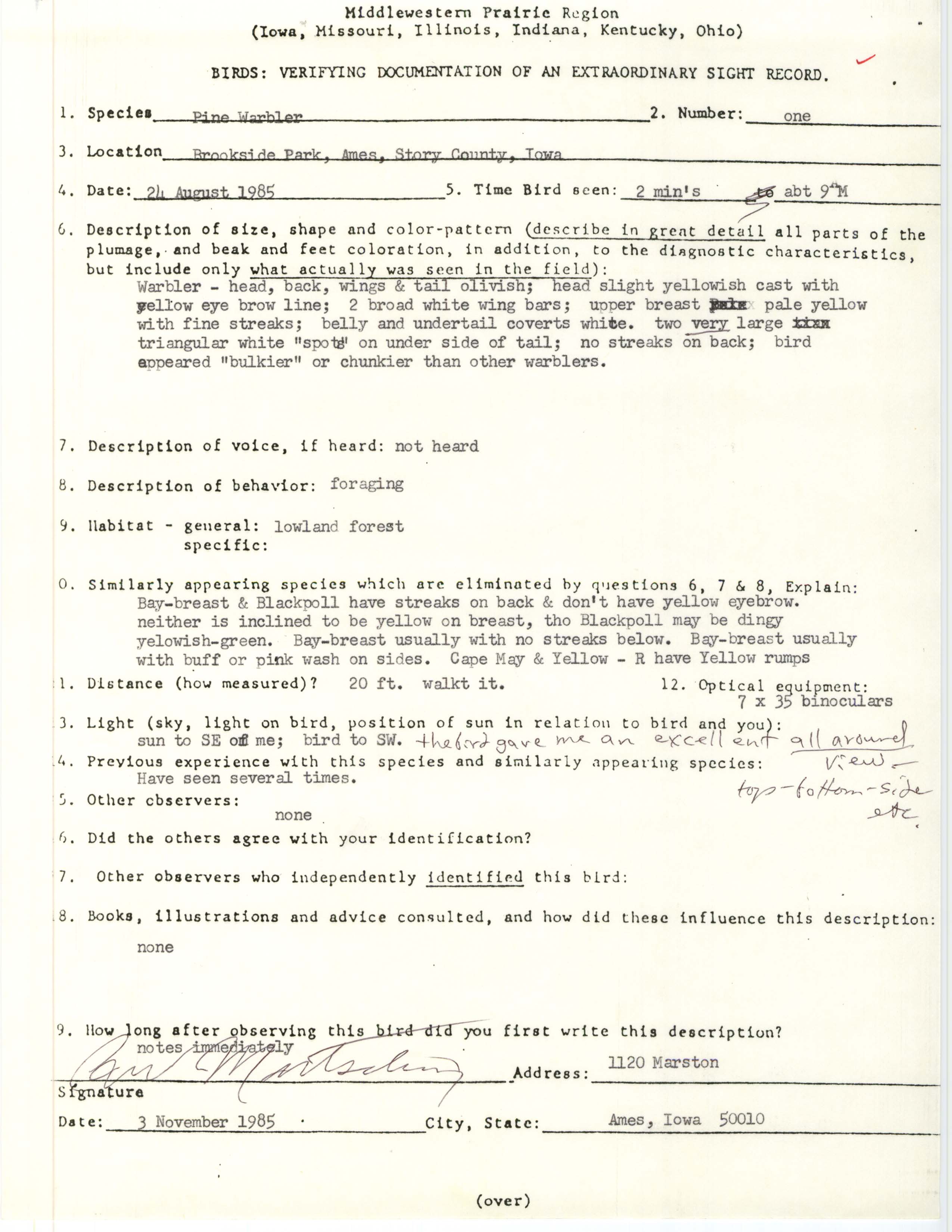 Rare bird documentation form for Pine Warbler at Brookside Park in Ames, 1985