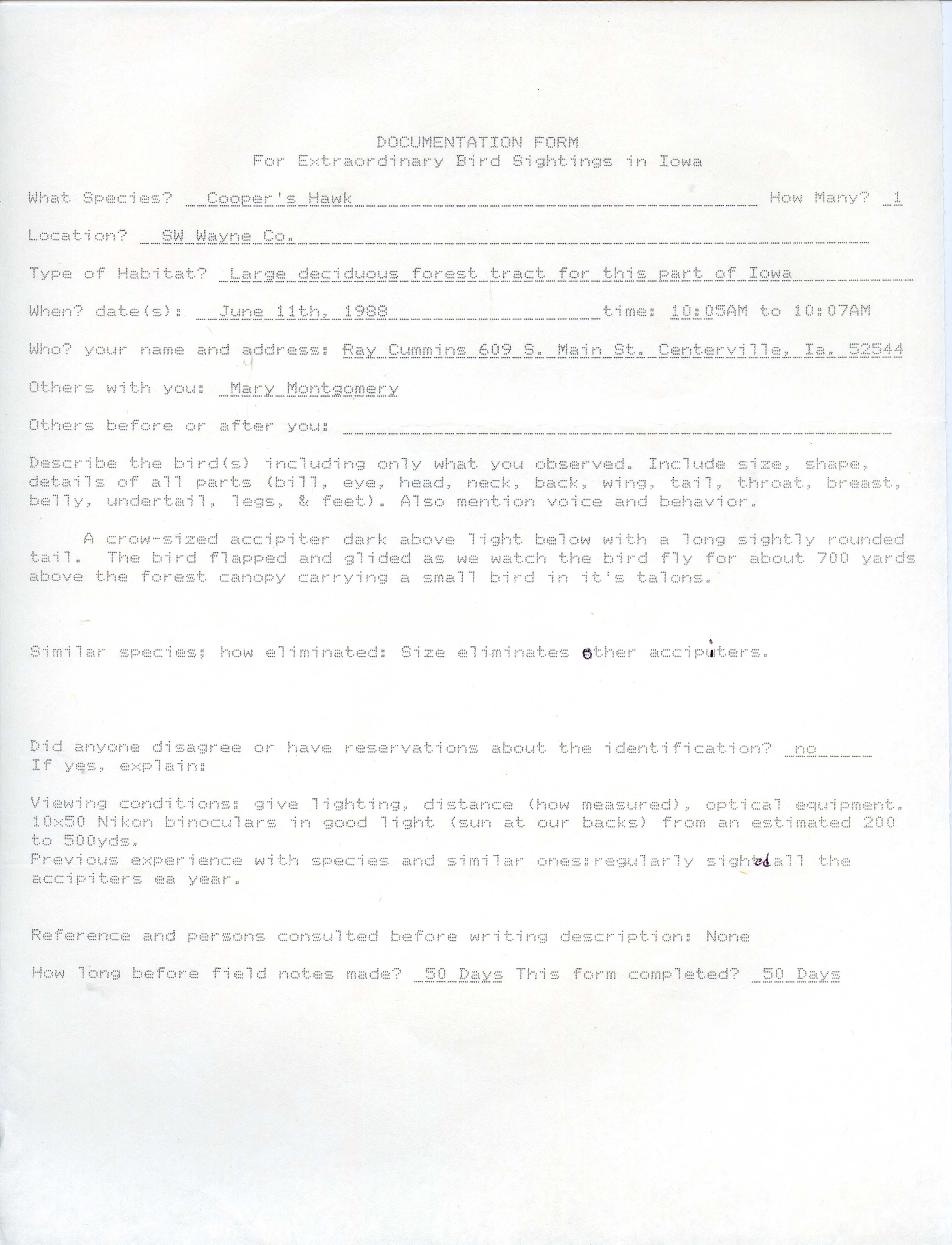 Documentation form for extraordinary bird sightings in Iowa, Cooper's Hawk, June 11, 1988