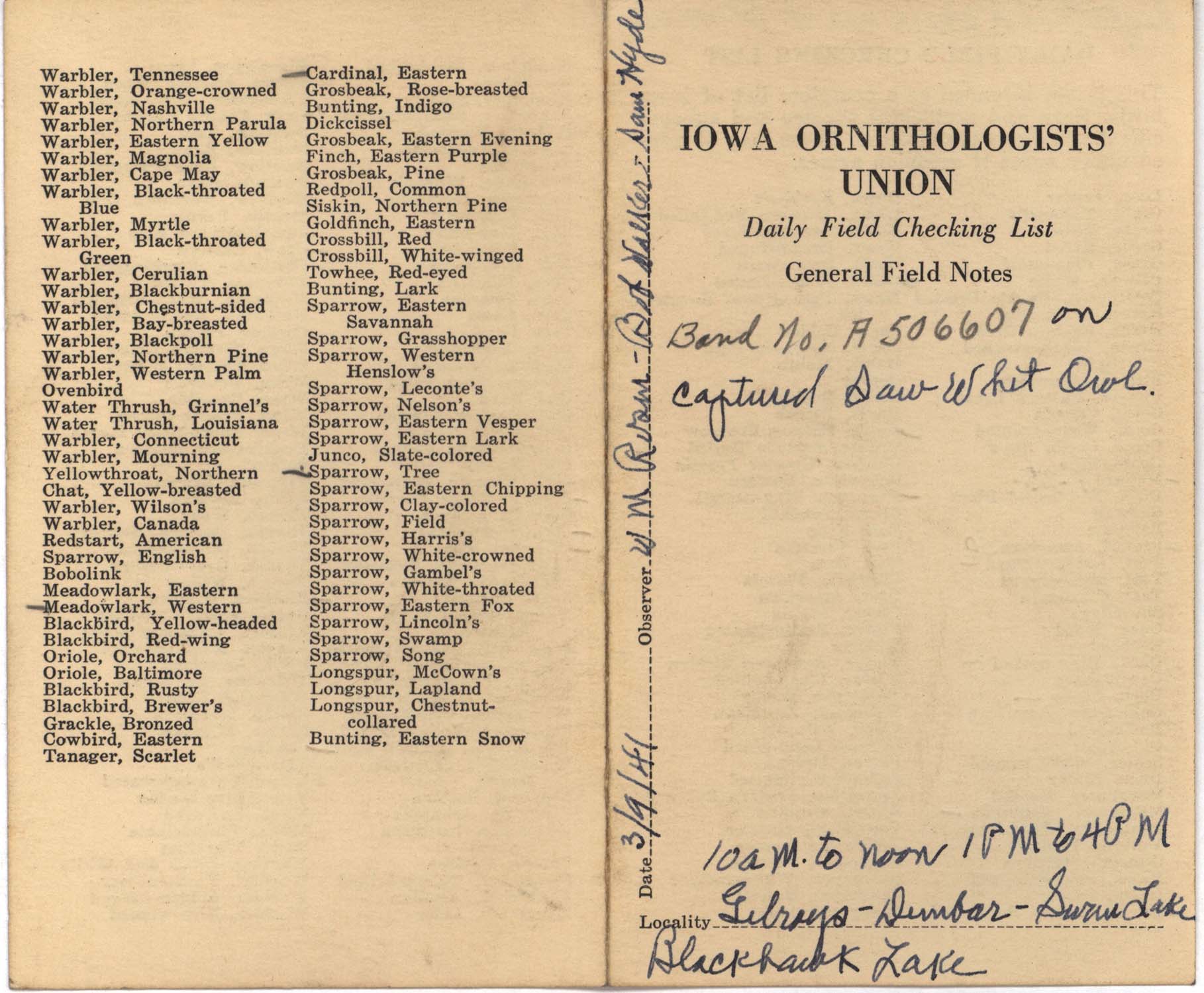 Daily field checking list by Walter Rosene, March 9, 1941