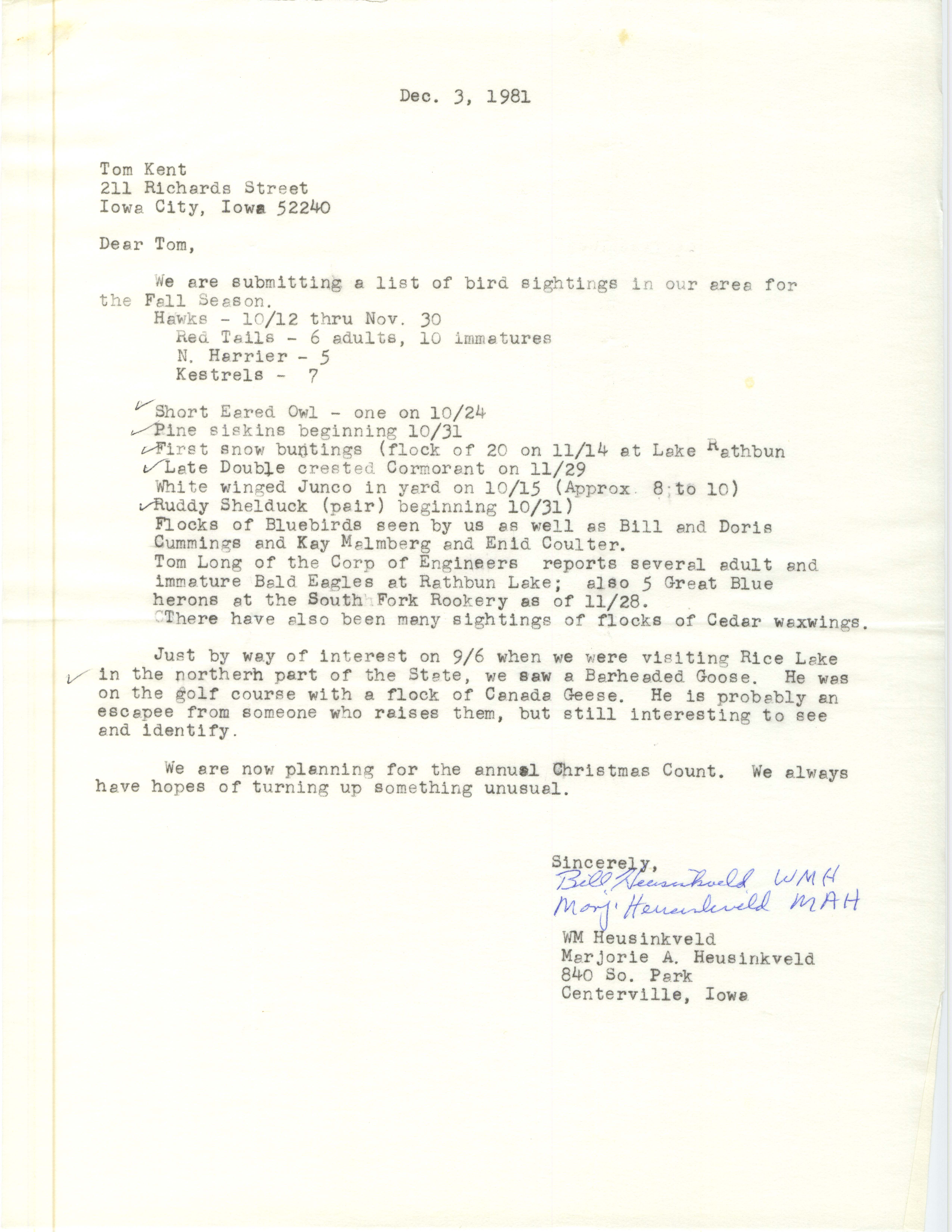 Bill Heusinkveld and Marjorie Heusinkveld letter to Thomas H. Kent regarding field notes, December 3, 1981