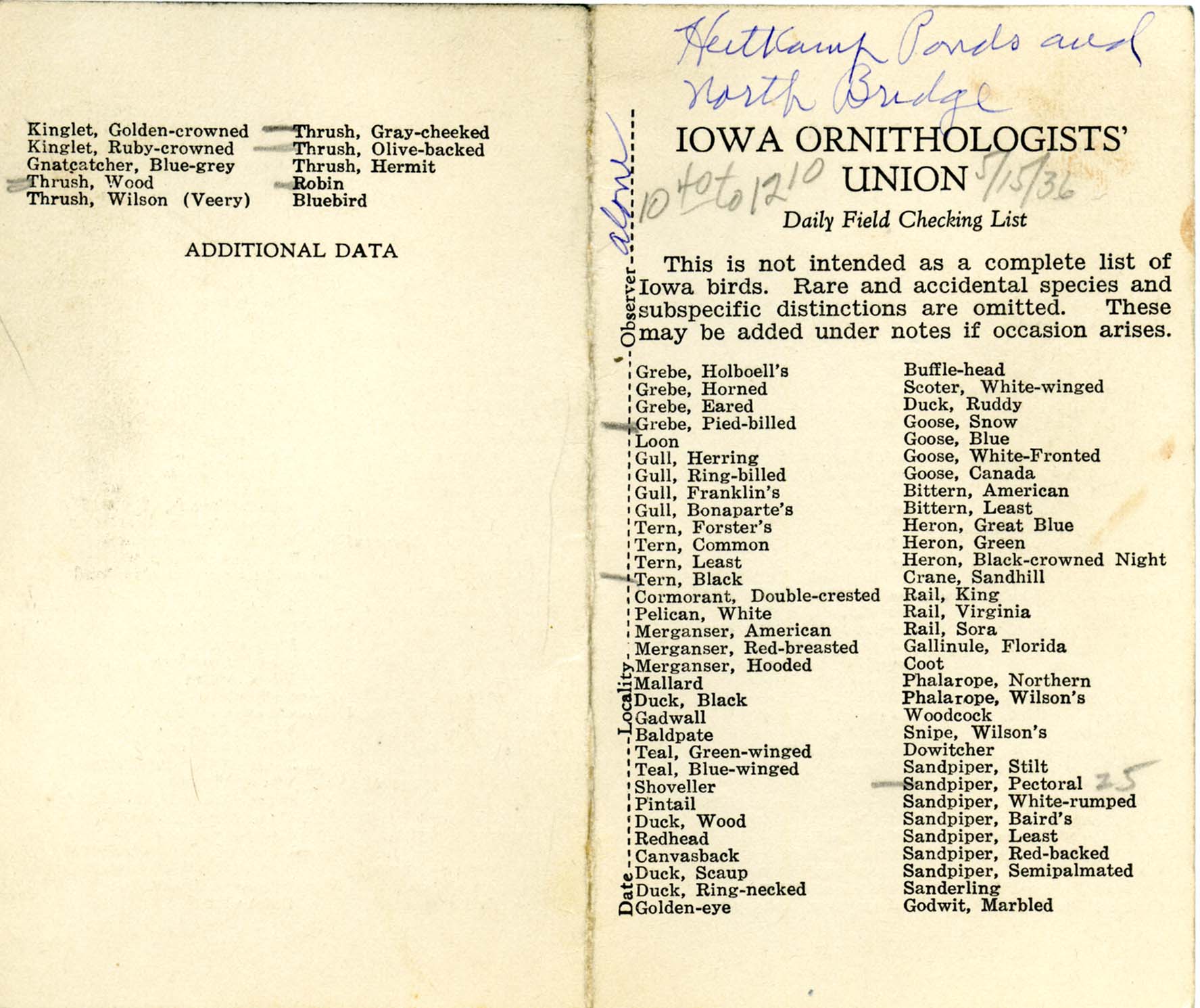 Daily field checking list, Walter Rosene, May 15, 1936