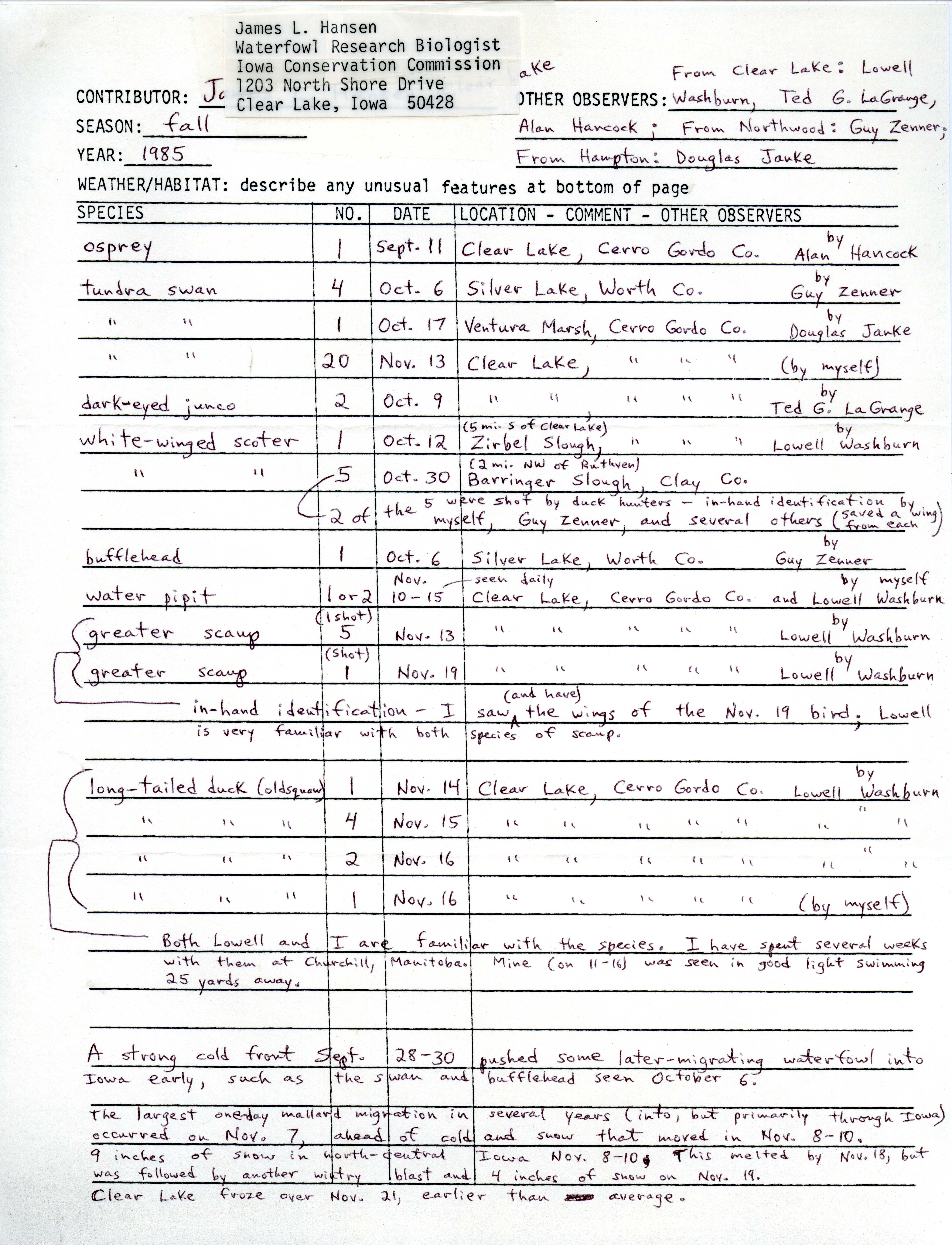 Annotated bird sighting list for Fall 1985 compiled by James Hansen