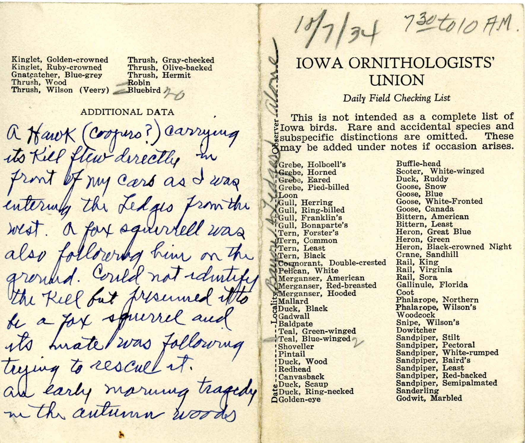 Daily field checking list, Walter Rosene, October 7, 1934