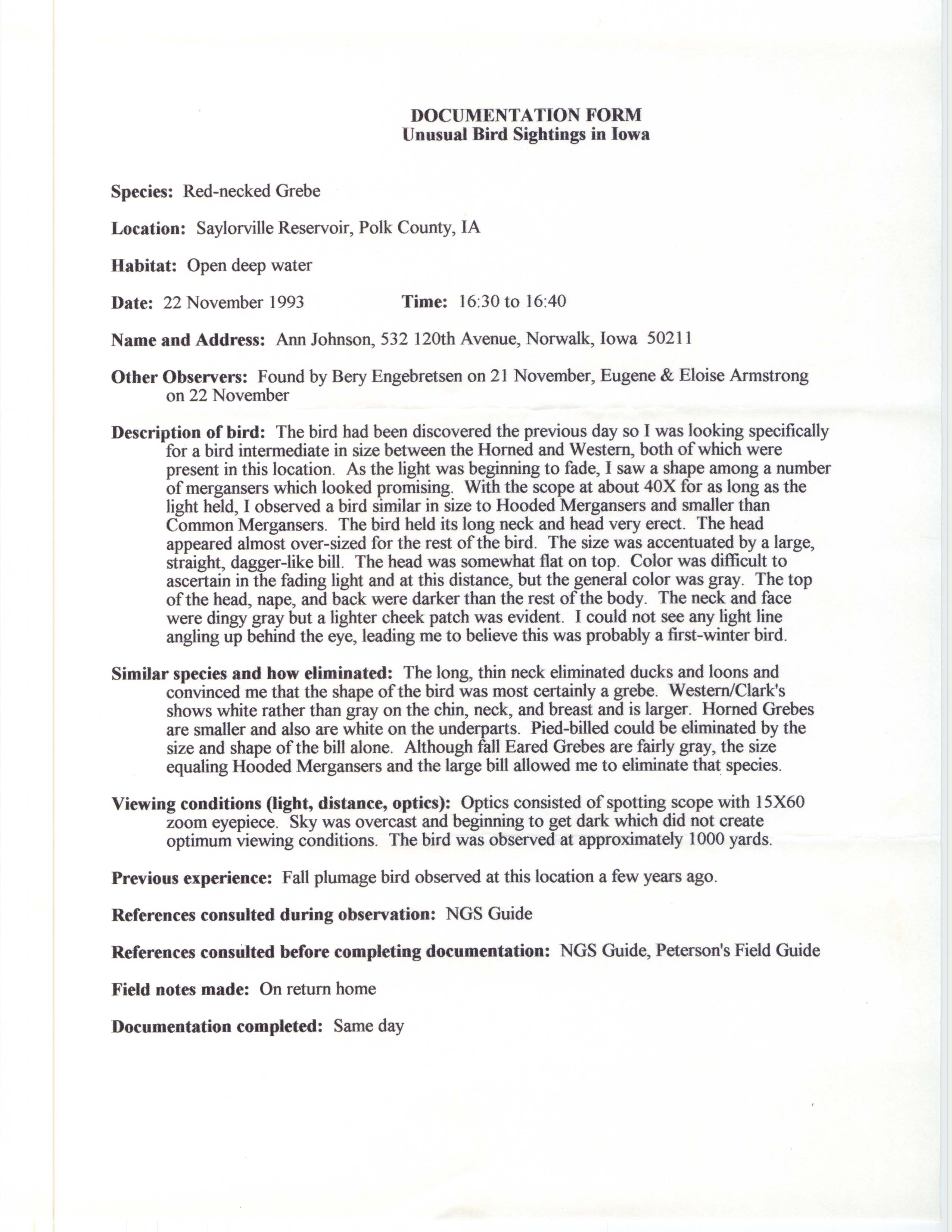 Rare bird documentation form for Red-necked Grebe at Saylorville Reservoir, 1993