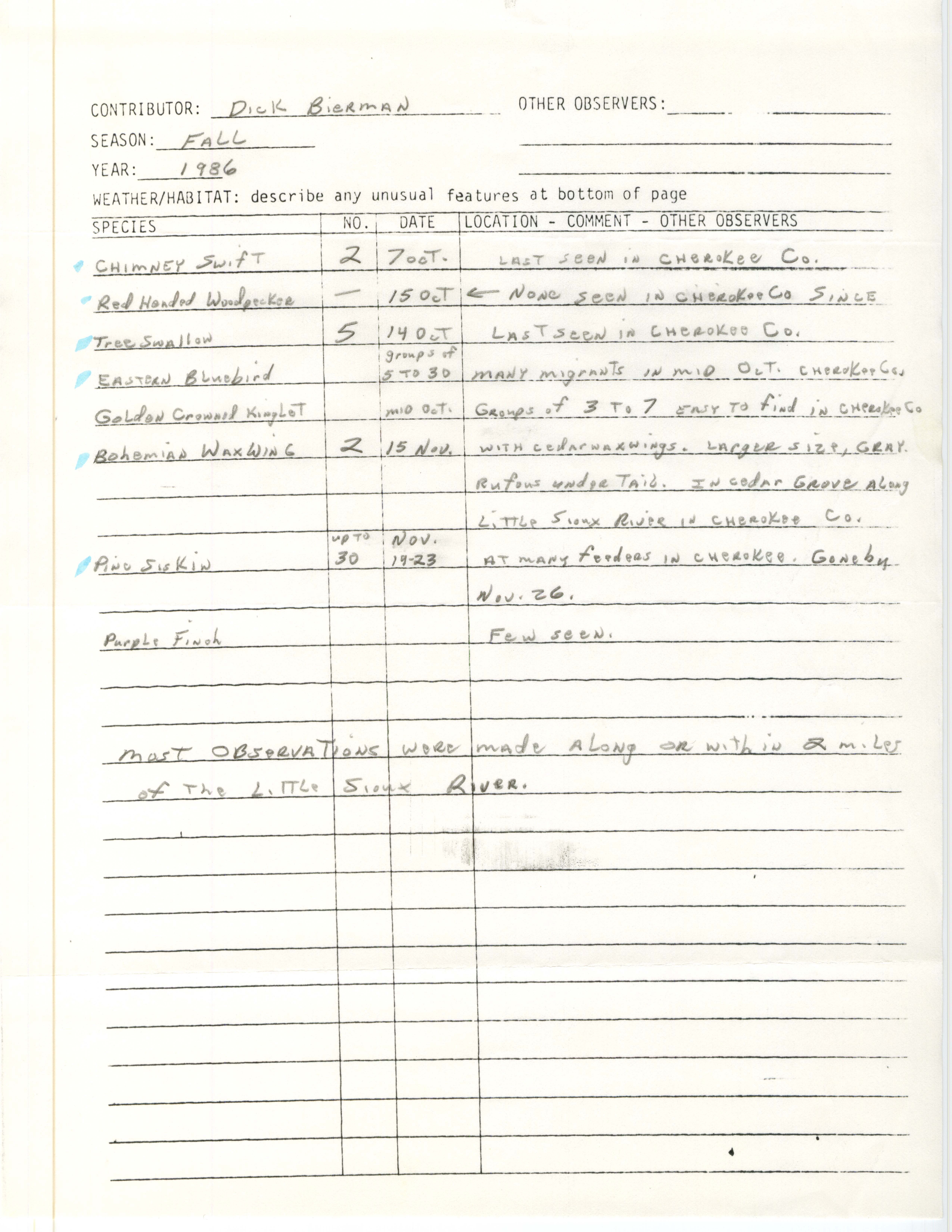 Field notes contributed by Dick Bierman, fall 1986