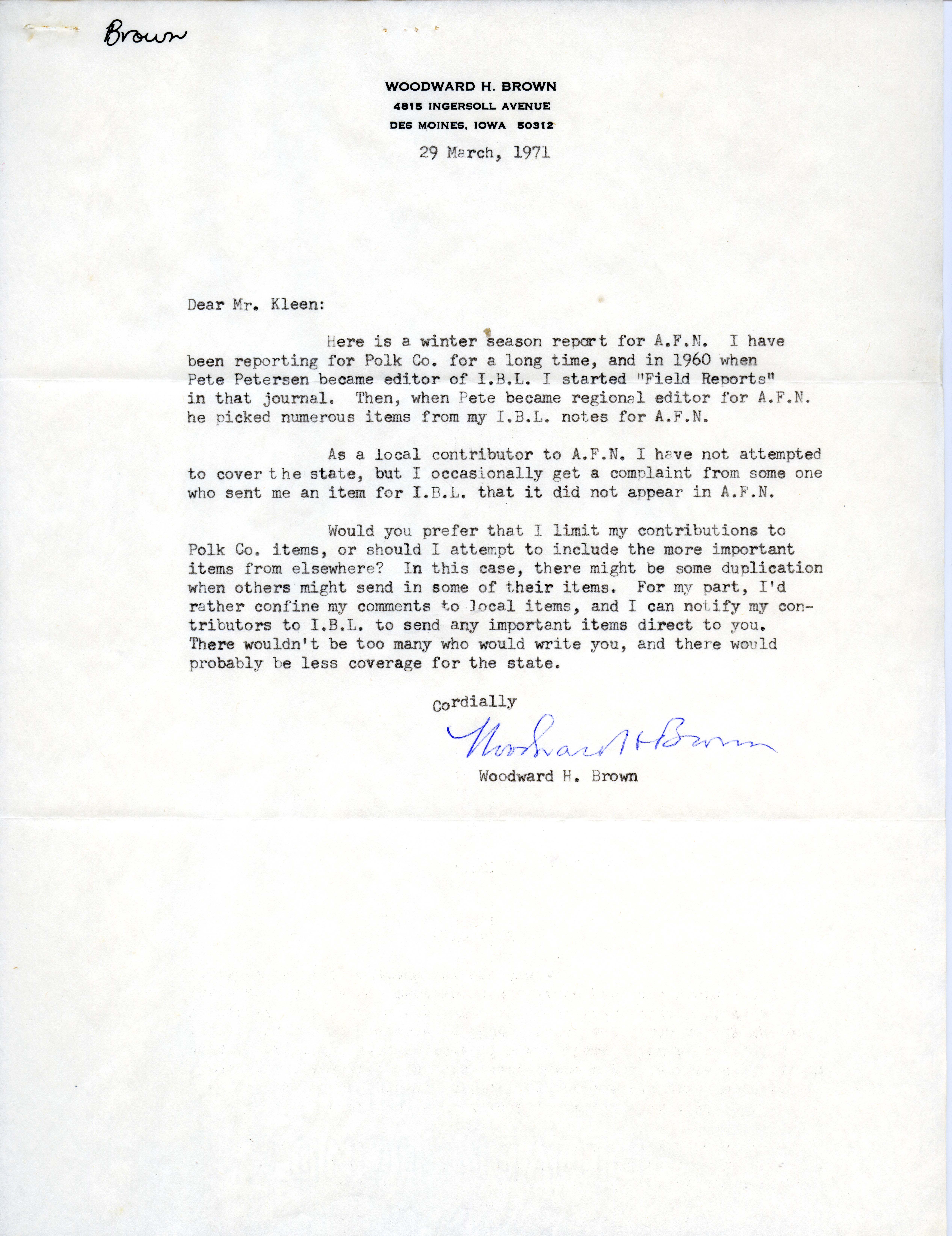 Audubon field notes, winter 1970-1971, and Woodward H. Brown letter to Vernon M. Kleen regarding reporting practices, March 29, 1971