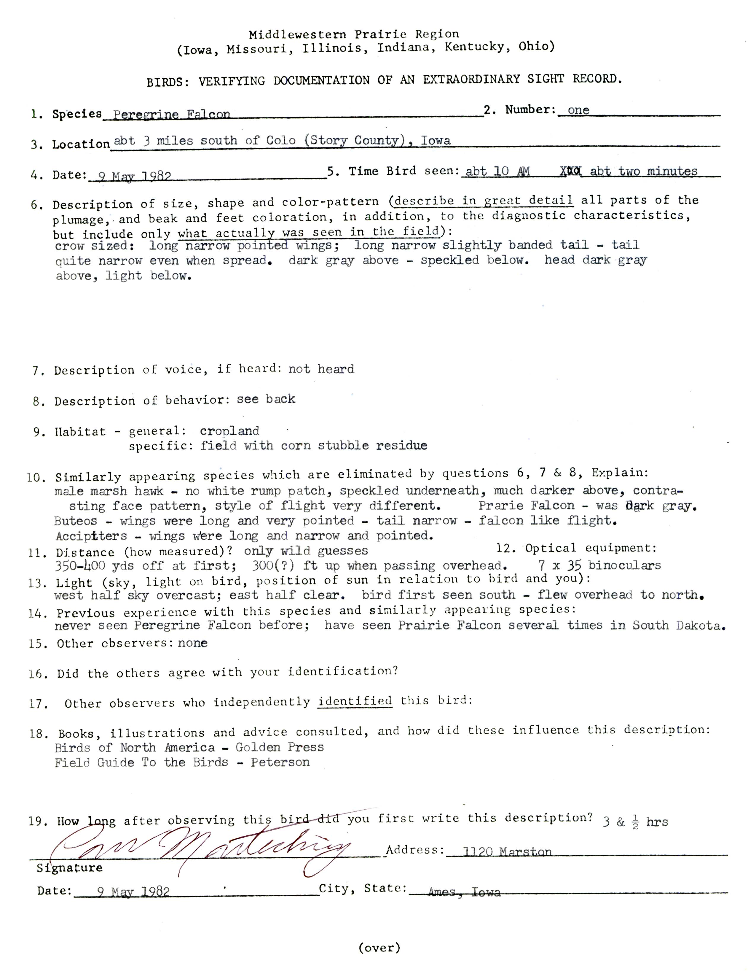 Rare bird documentation form for Peregrine Falcon at Colo, 1982