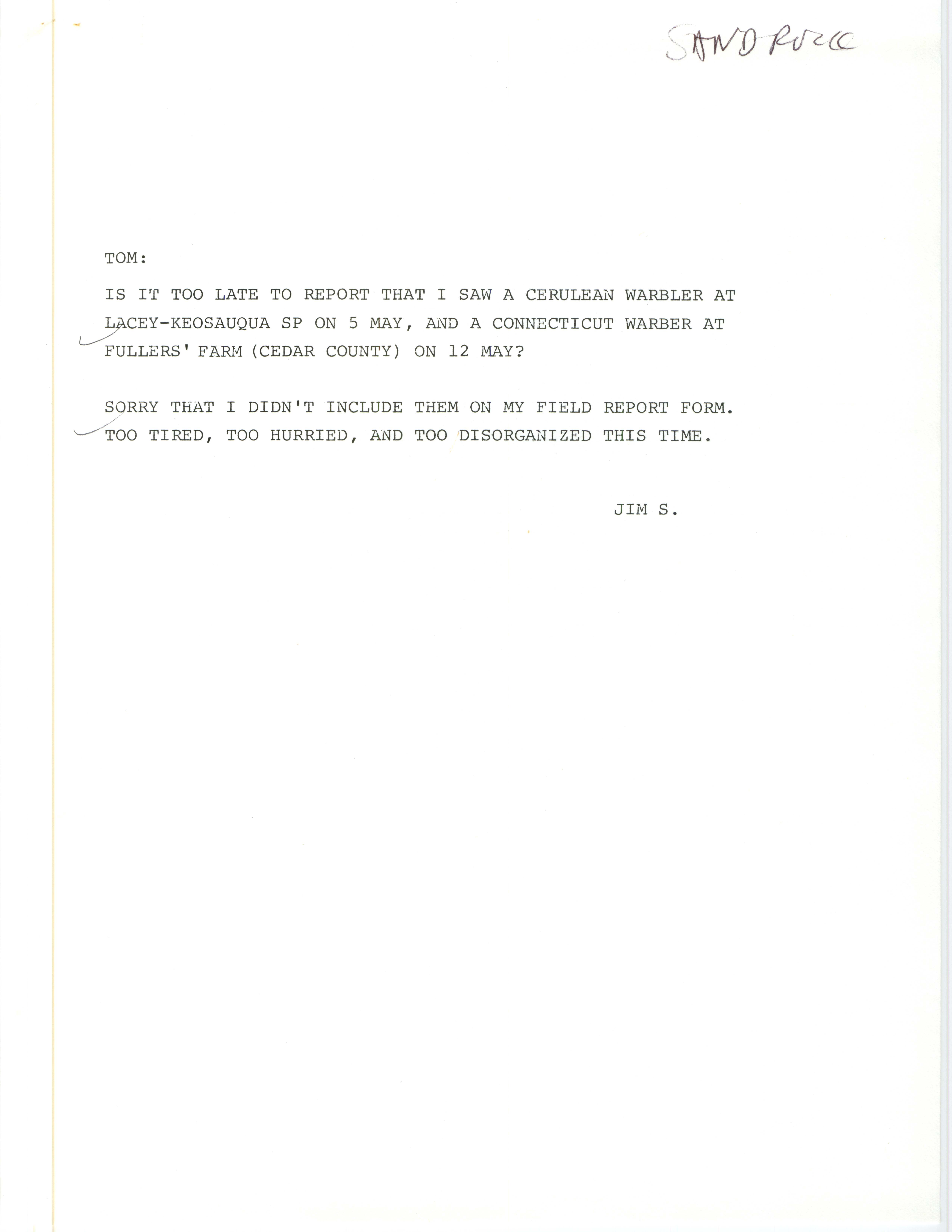 James P. Sandrock letter to Thomas H. Kent regarding warbler sightings, May 1984
