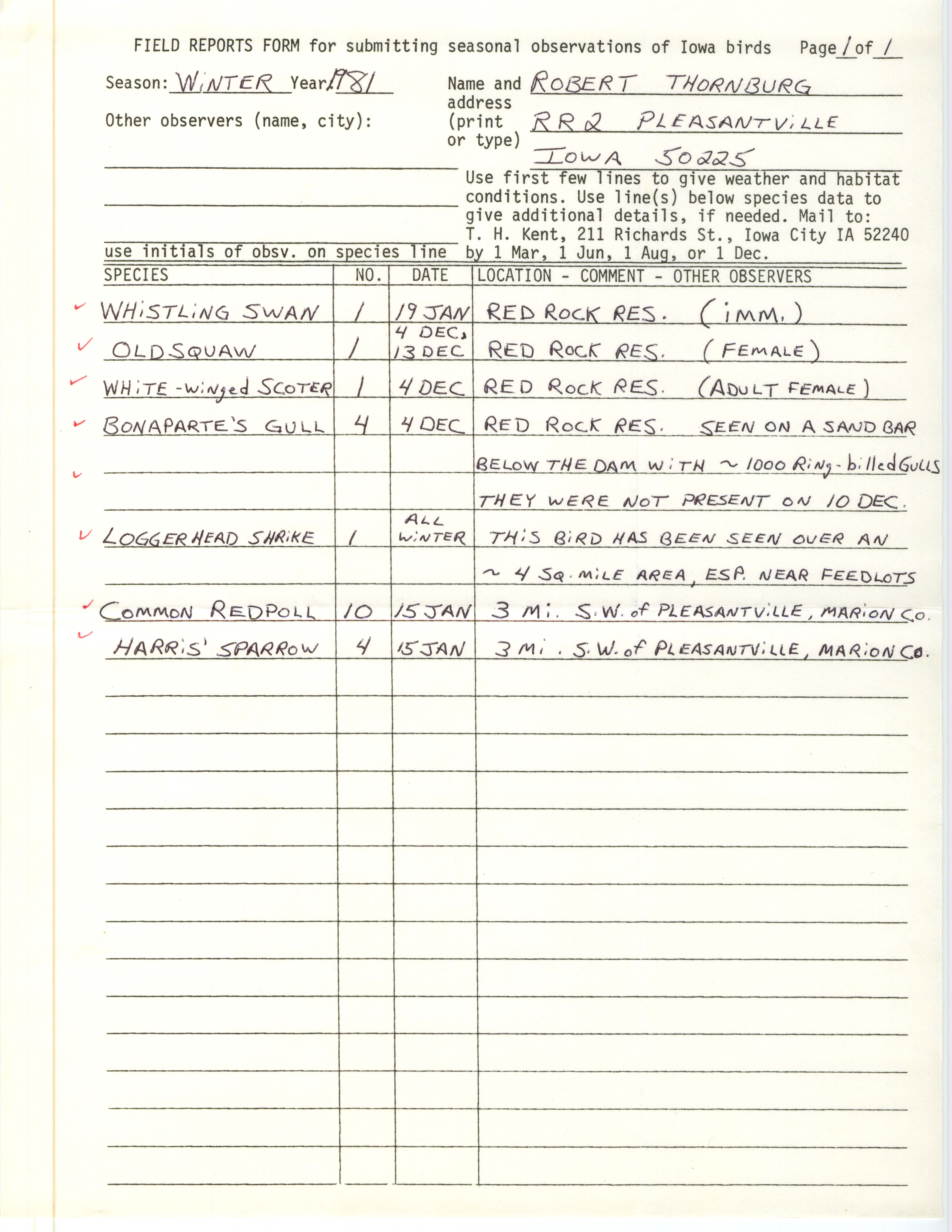 Field notes contributed by Robert E. Thornburg, winter 1981-1982