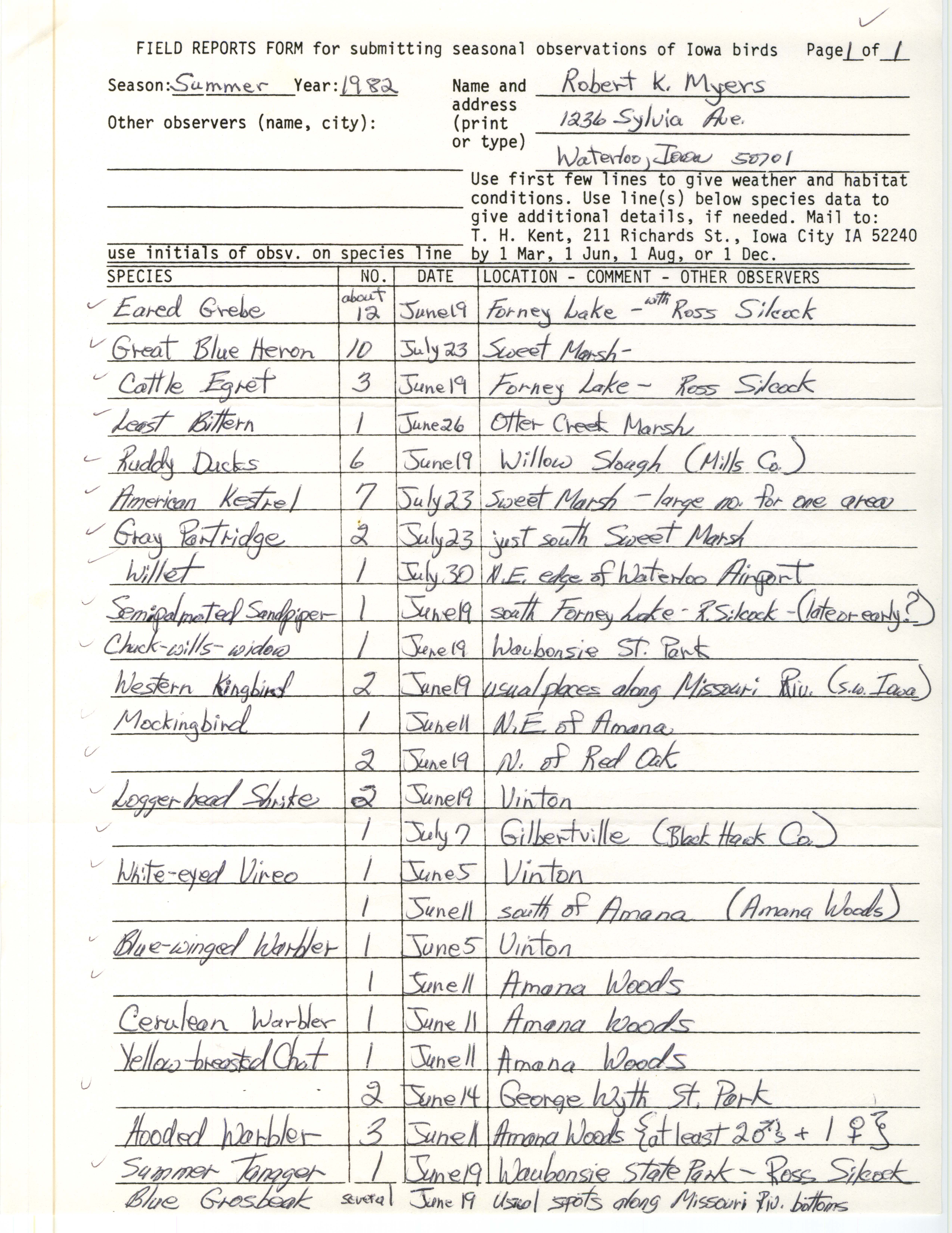 Field report contributed by Robert K. Myers, summer 1982