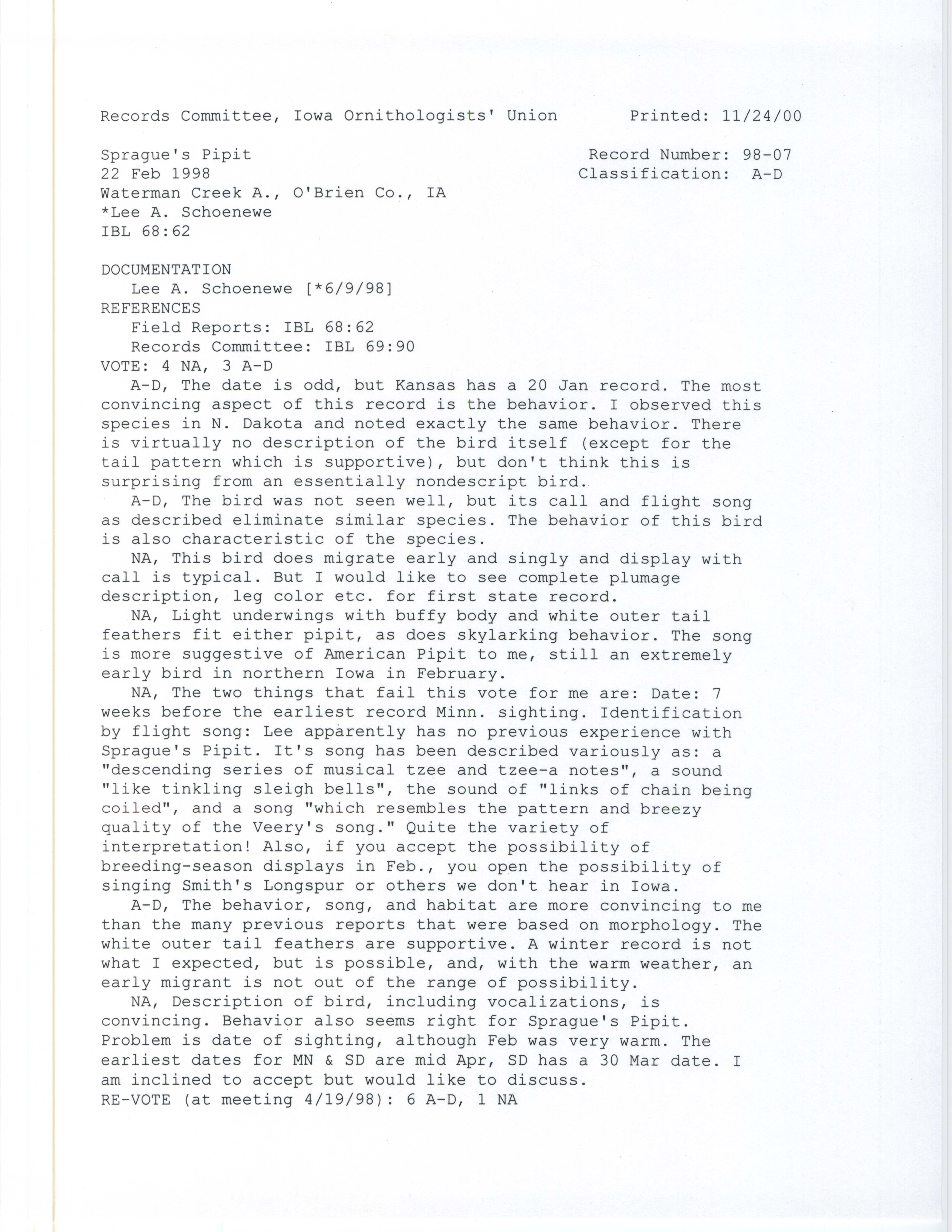Records Committee review for rare bird sighting for Sprague's Pipit at Waterman Creek Area, 1998