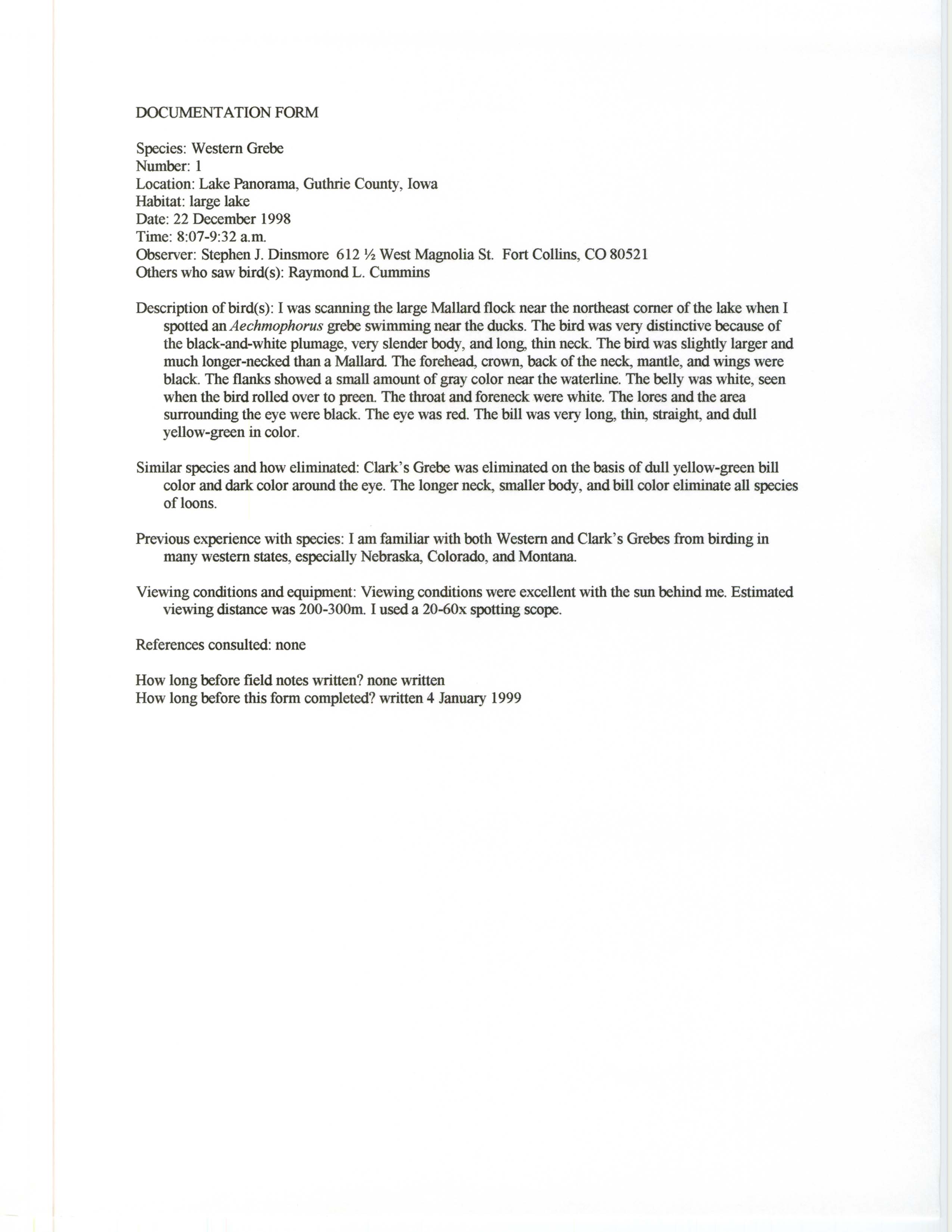 Rare bird documentation form for Western Grebe at Lake Panorama, 1998