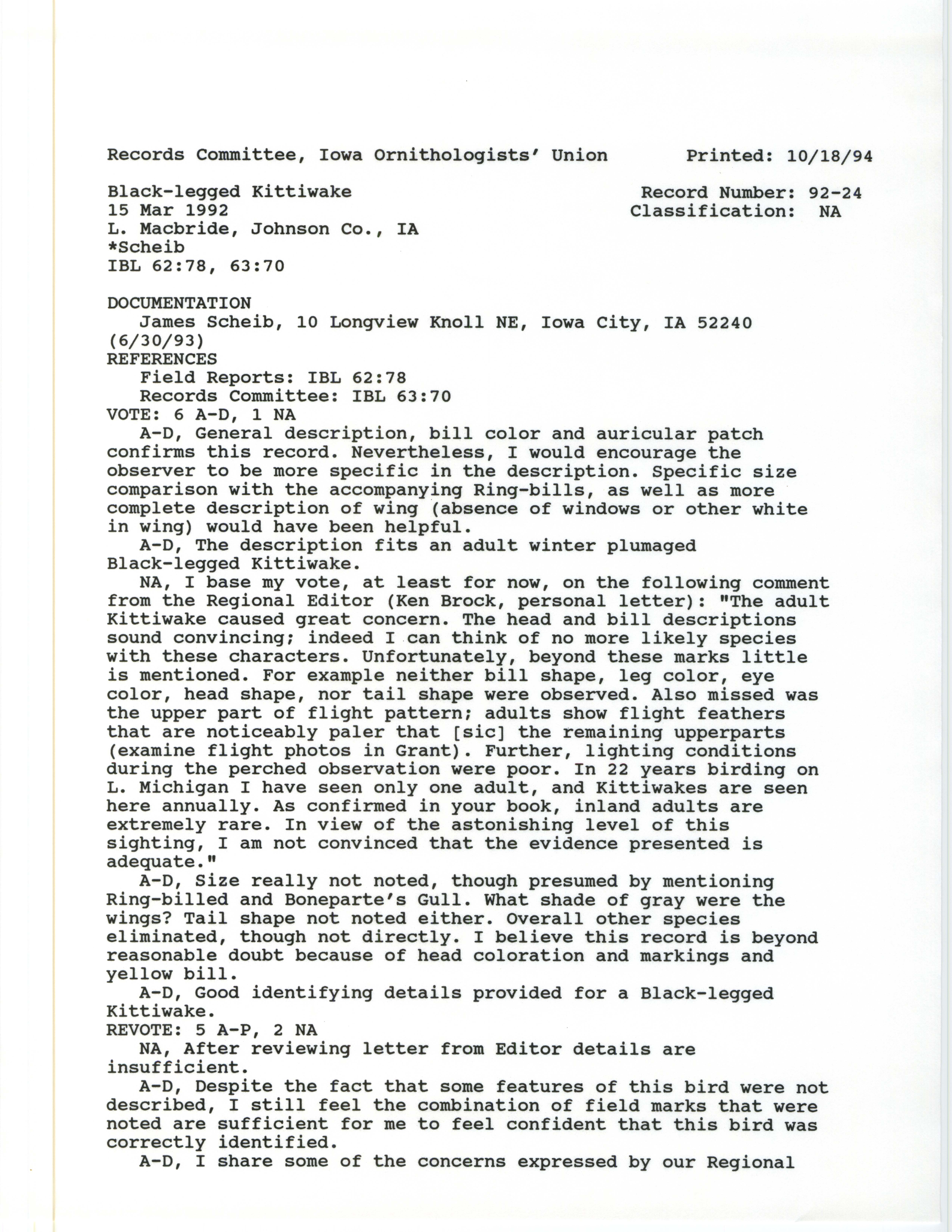 Records Committee review for rare bird sighting of Black-legged Kittiwake at Lake Macbride, 1992