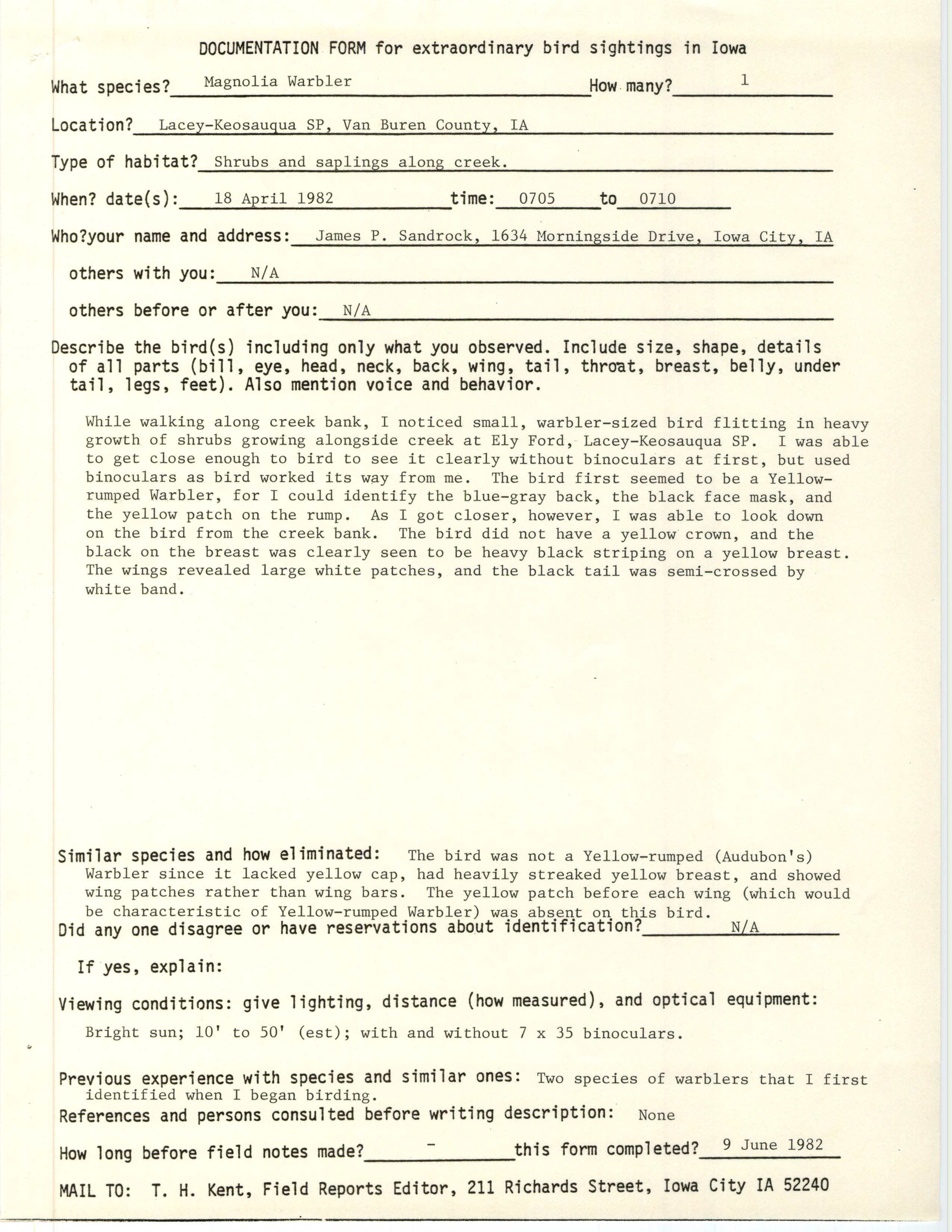 Rare bird documentation form for Magnolia Warbler at Lacey-Keosauqua State Park, 1982