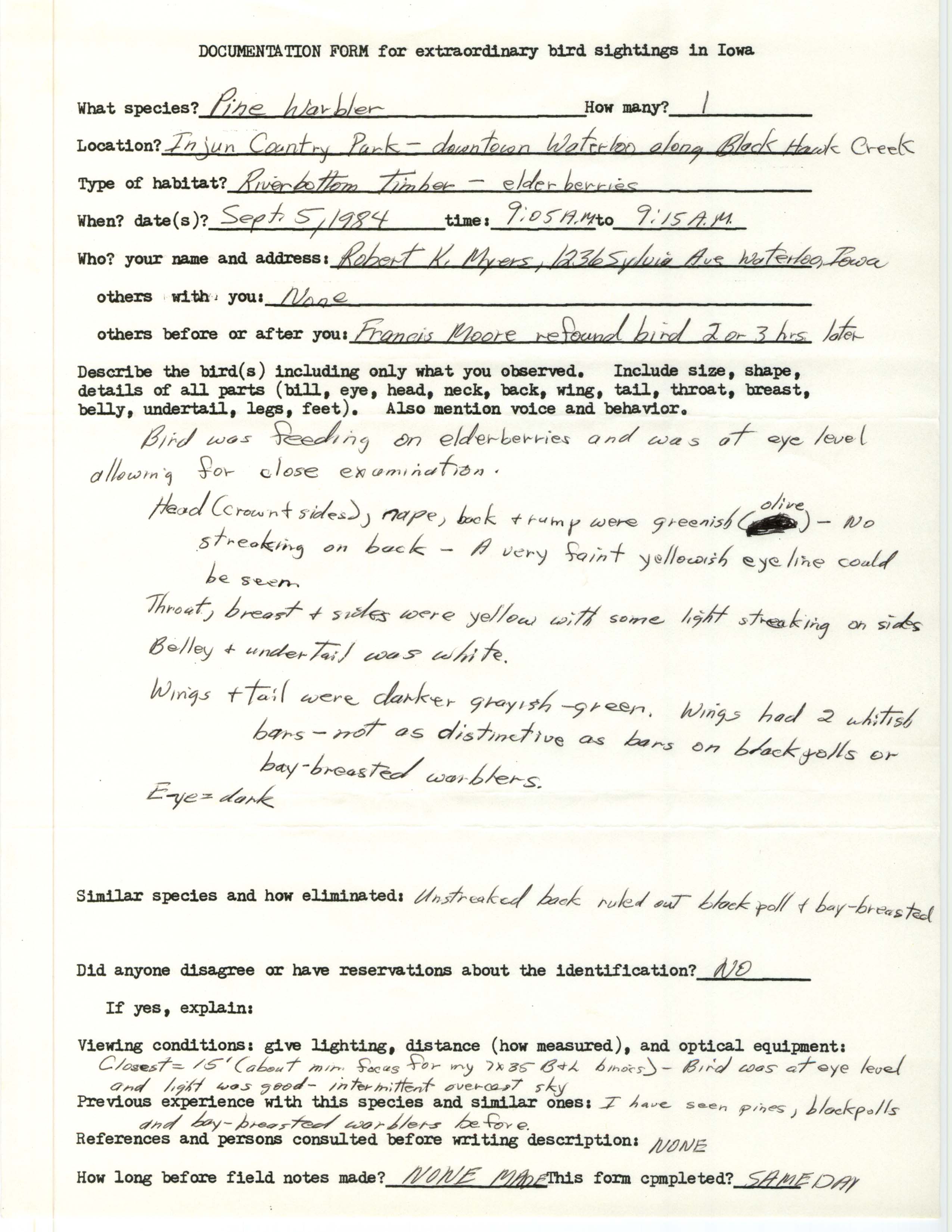 Rare bird documentation form for Pine Warbler at Hope Martin Memorial Park in Waterloo, 1984