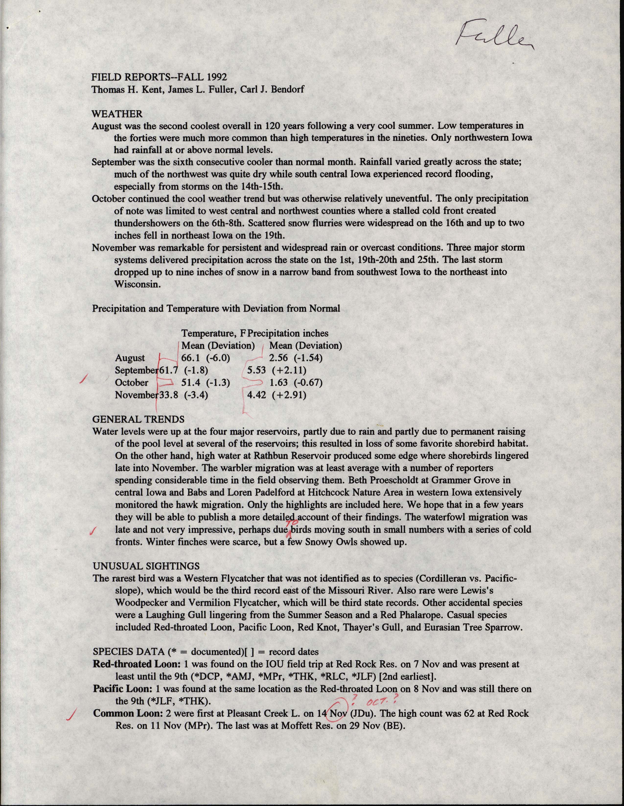 Iowa Ornithologists' Union, Quarterly field report, fall 1992