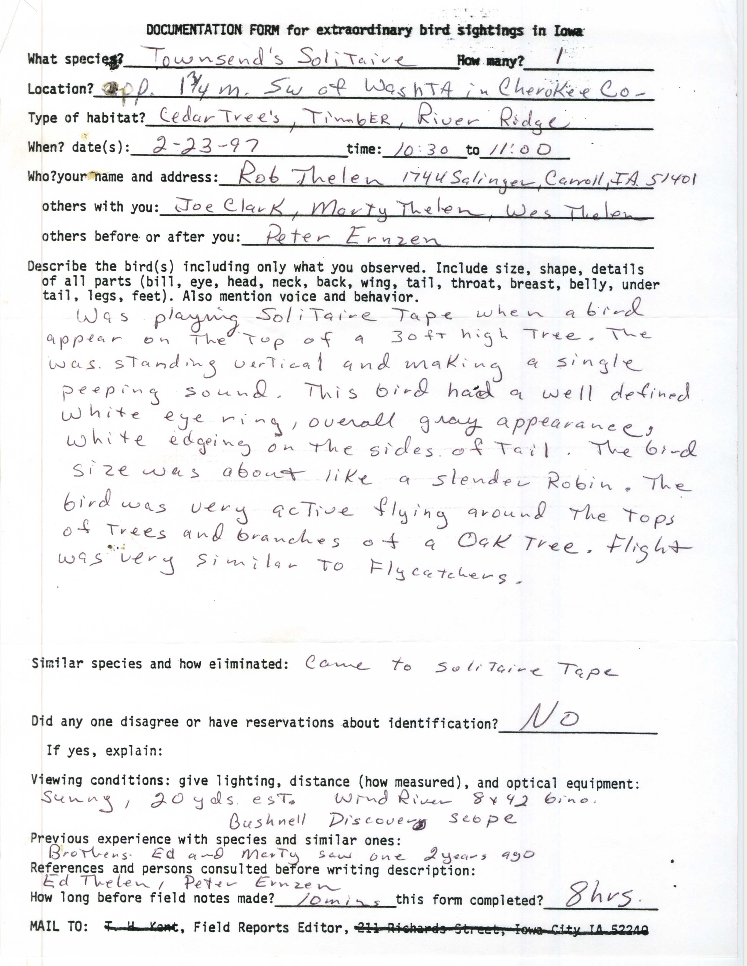 Rare bird documentation form for Townsend's Solitaire southwest of Washta, 1997