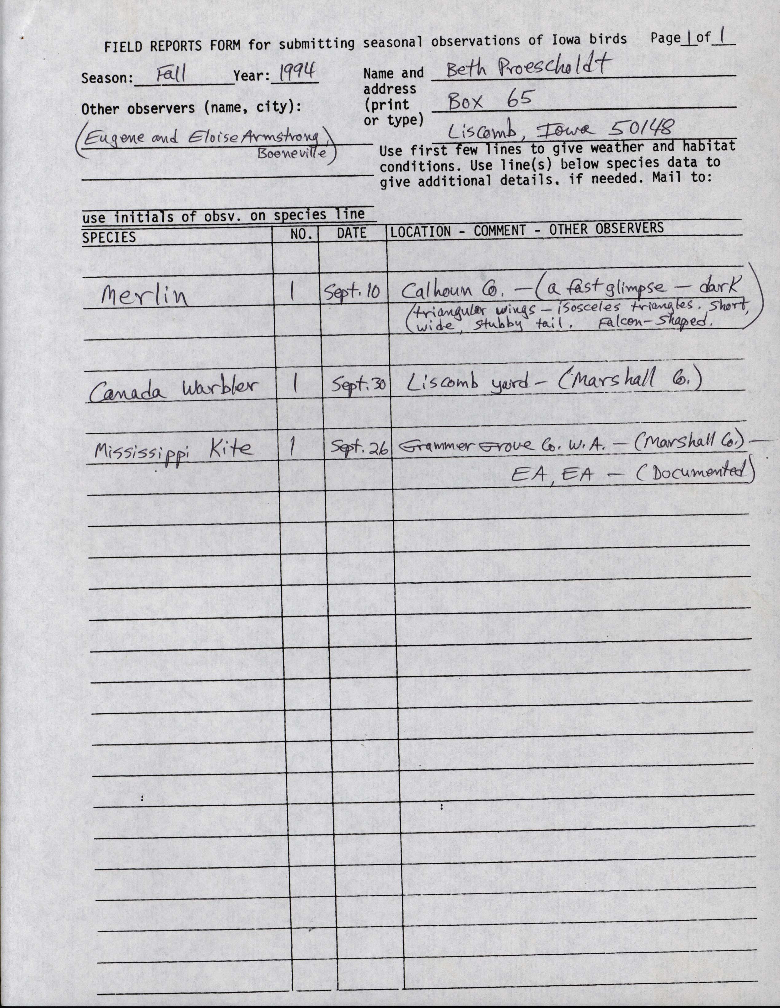 Field reports form for submitting seasonal observations of Iowa birds, Beth Proescholdt, fall 1994