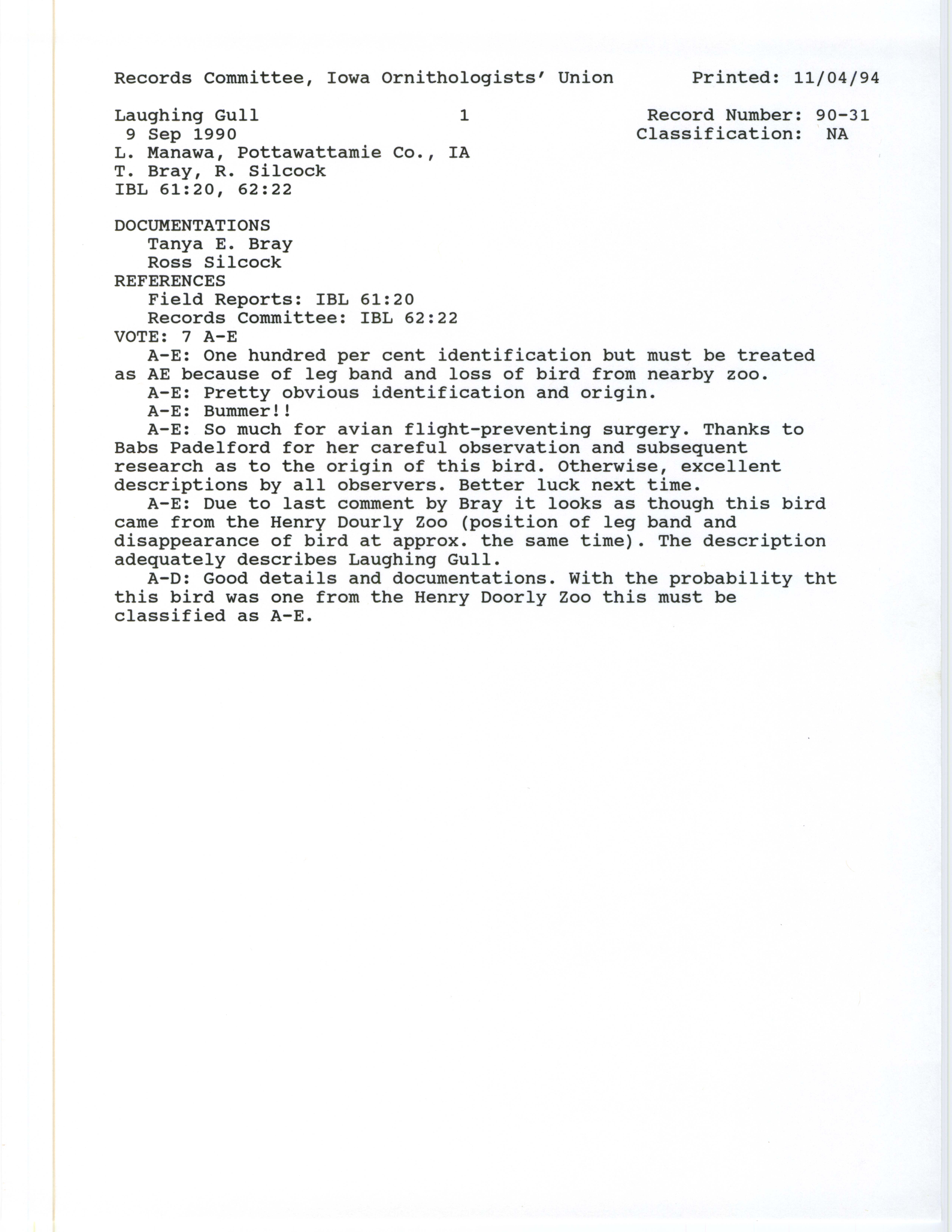 Records Committee review for rare bird sighting of Laughing Gull at Lake Manawa, 1990