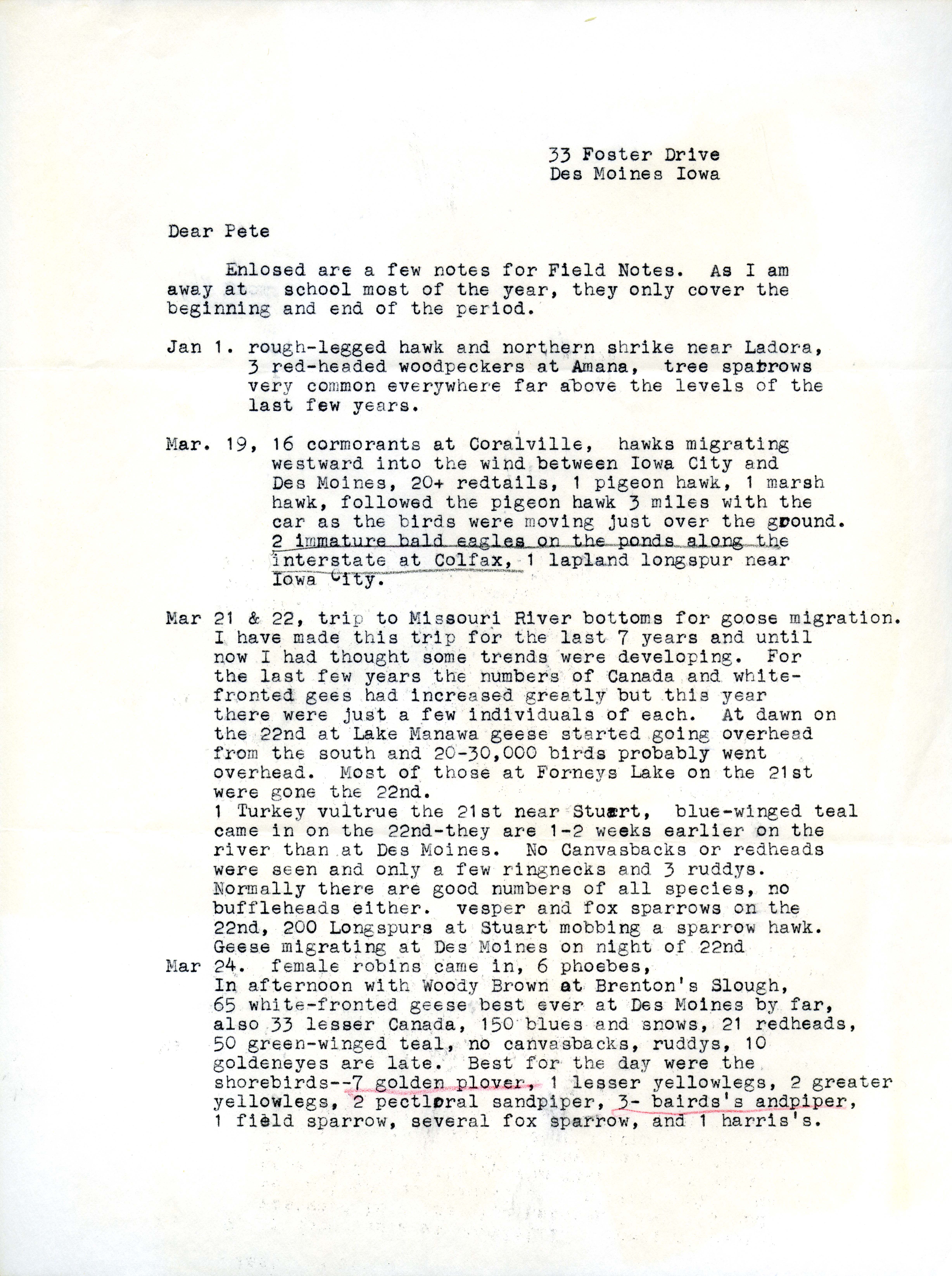 Joe Kennedy letter to Peter C. Petersen regarding field notes, winter 1963 