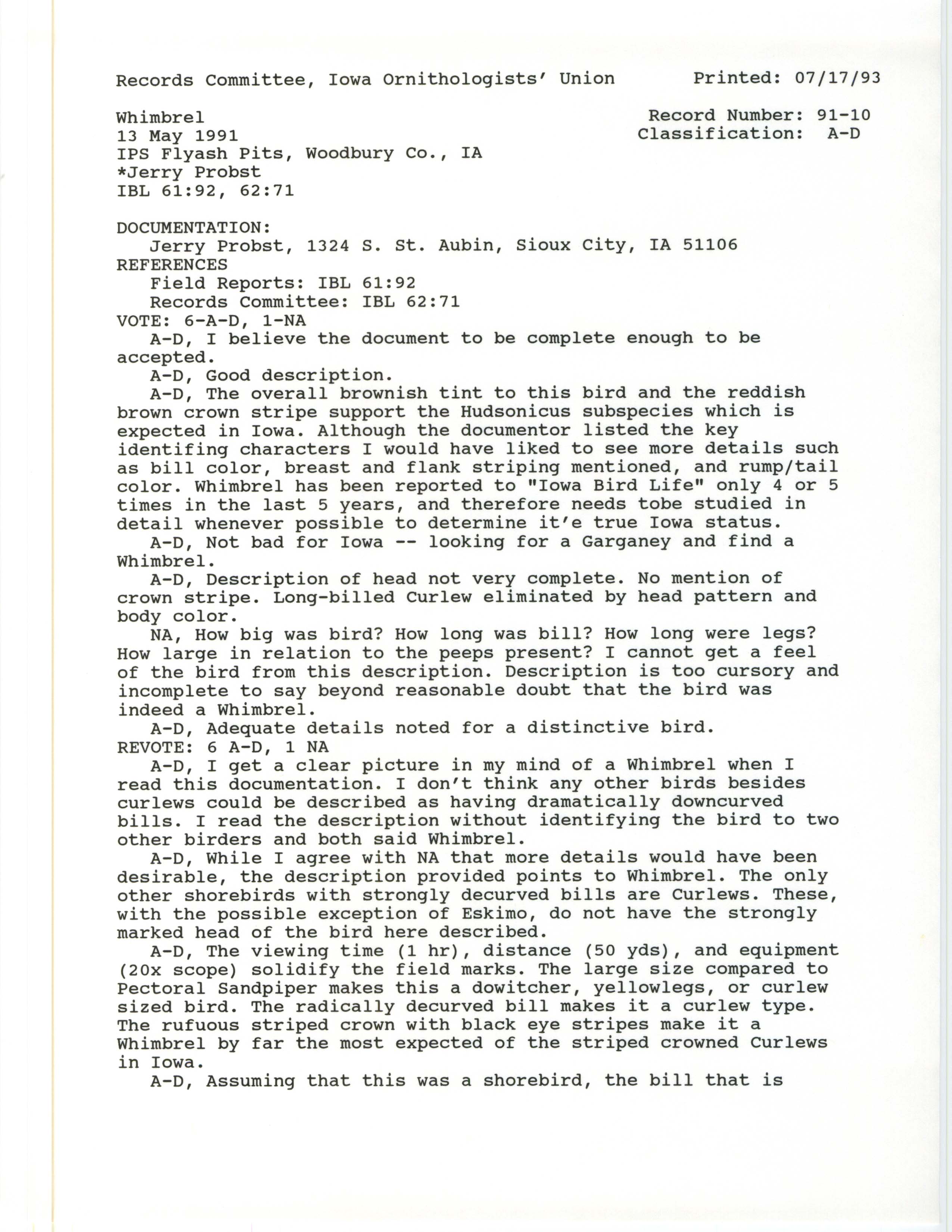 Records Committee review for rare bird sighting of Whimbrel at MidAmerican Energy Ponds in Woodbury County, 1991