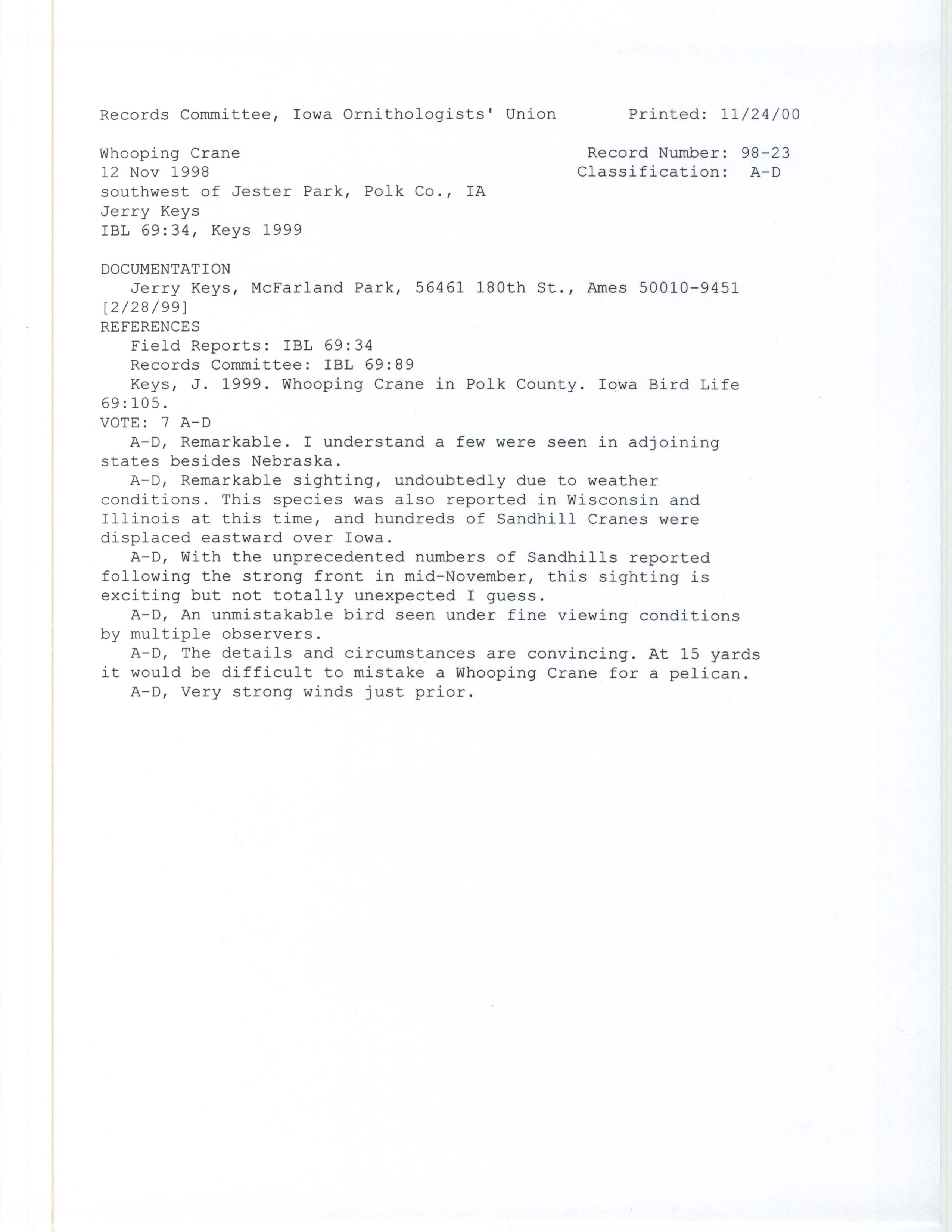 Records Committee review for rare bird sighting for Whooping Crane southwest of Jester Park, 1998