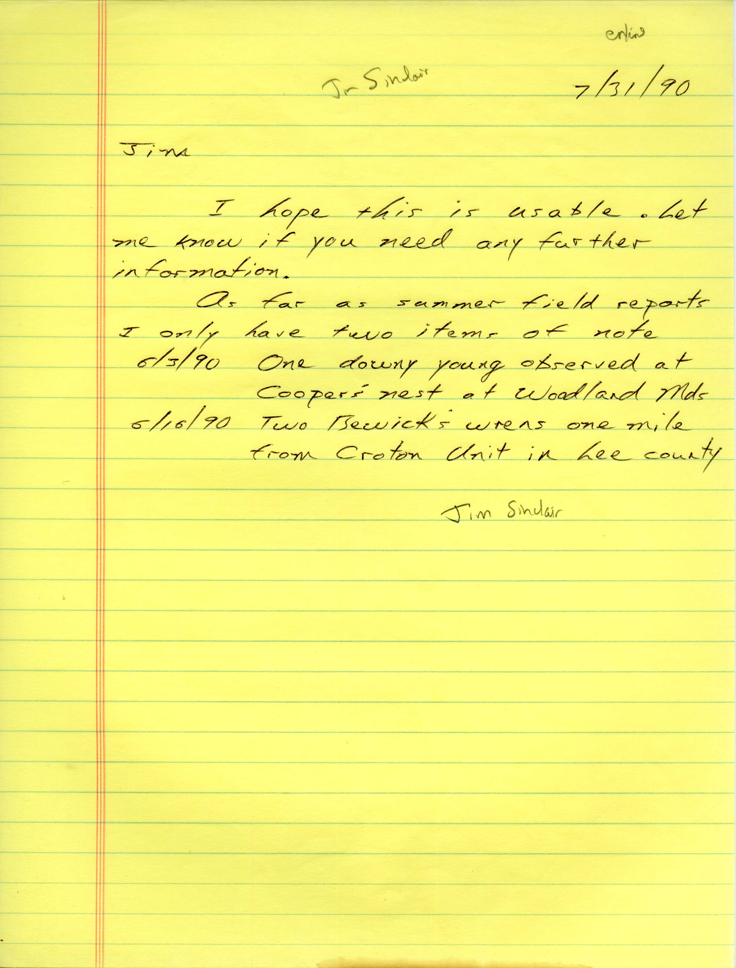 Jim Sinclair letter to Jim Dinsmore regarding summer field reports for IOU quarterly field reports for summer 1990, July 31, 1990