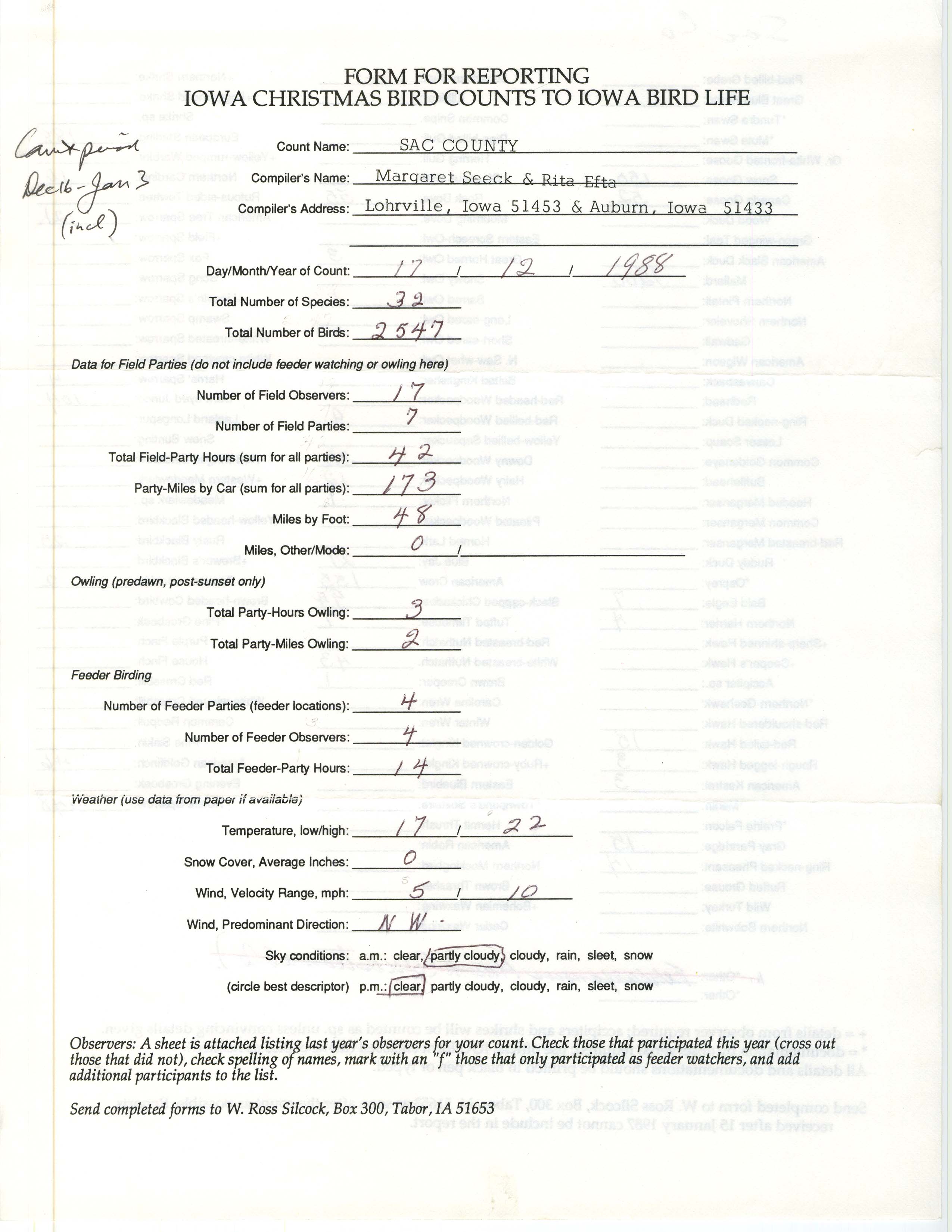Form for reporting Iowa Christmas bird counts to Iowa Bird Life, Margaret Seeck and Rita E. Efta, December 17, 1988