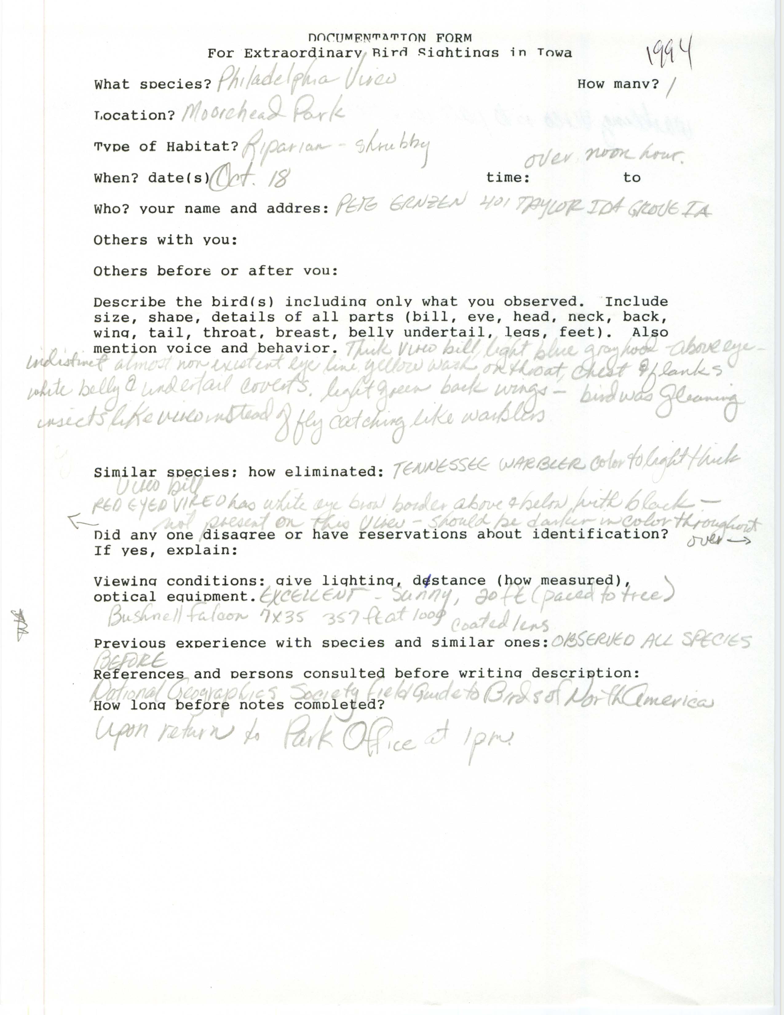 Rare bird documentation form for Philadelphia Vireo at Moorehead Park in Ida County, 1994