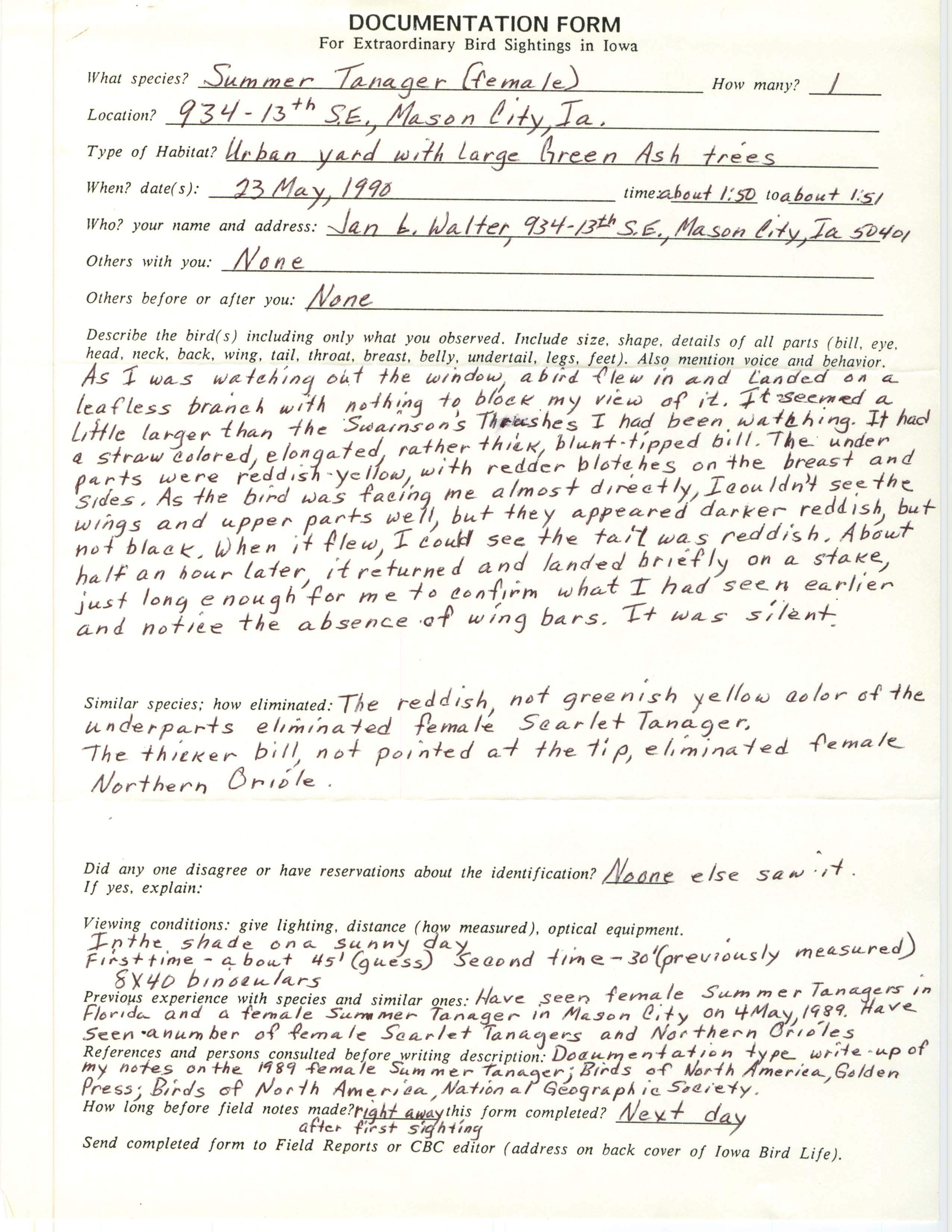 Rare bird documentation form for Summer Tanager at Mason City, 1990