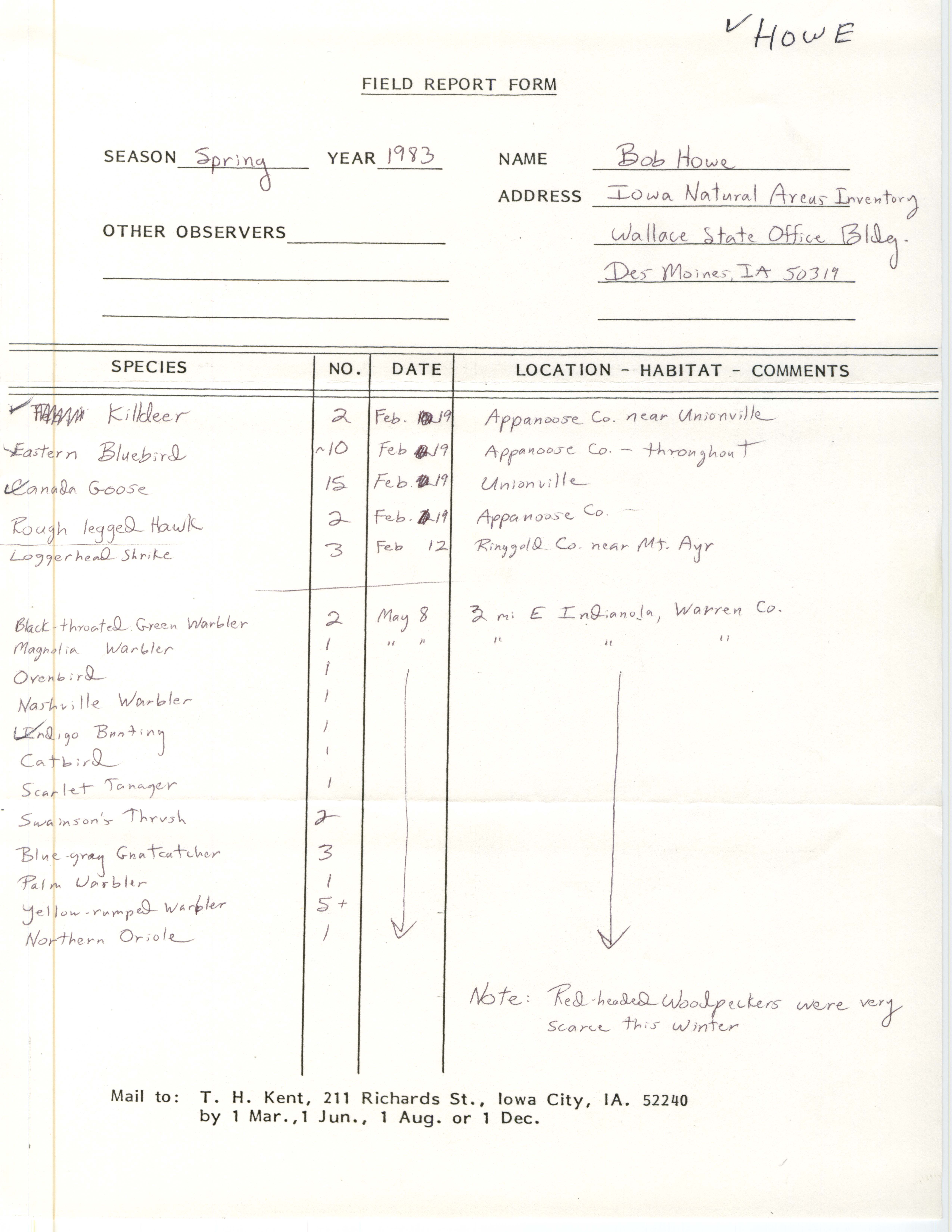 Field report form contributed by Robert W. Howe, spring 1983