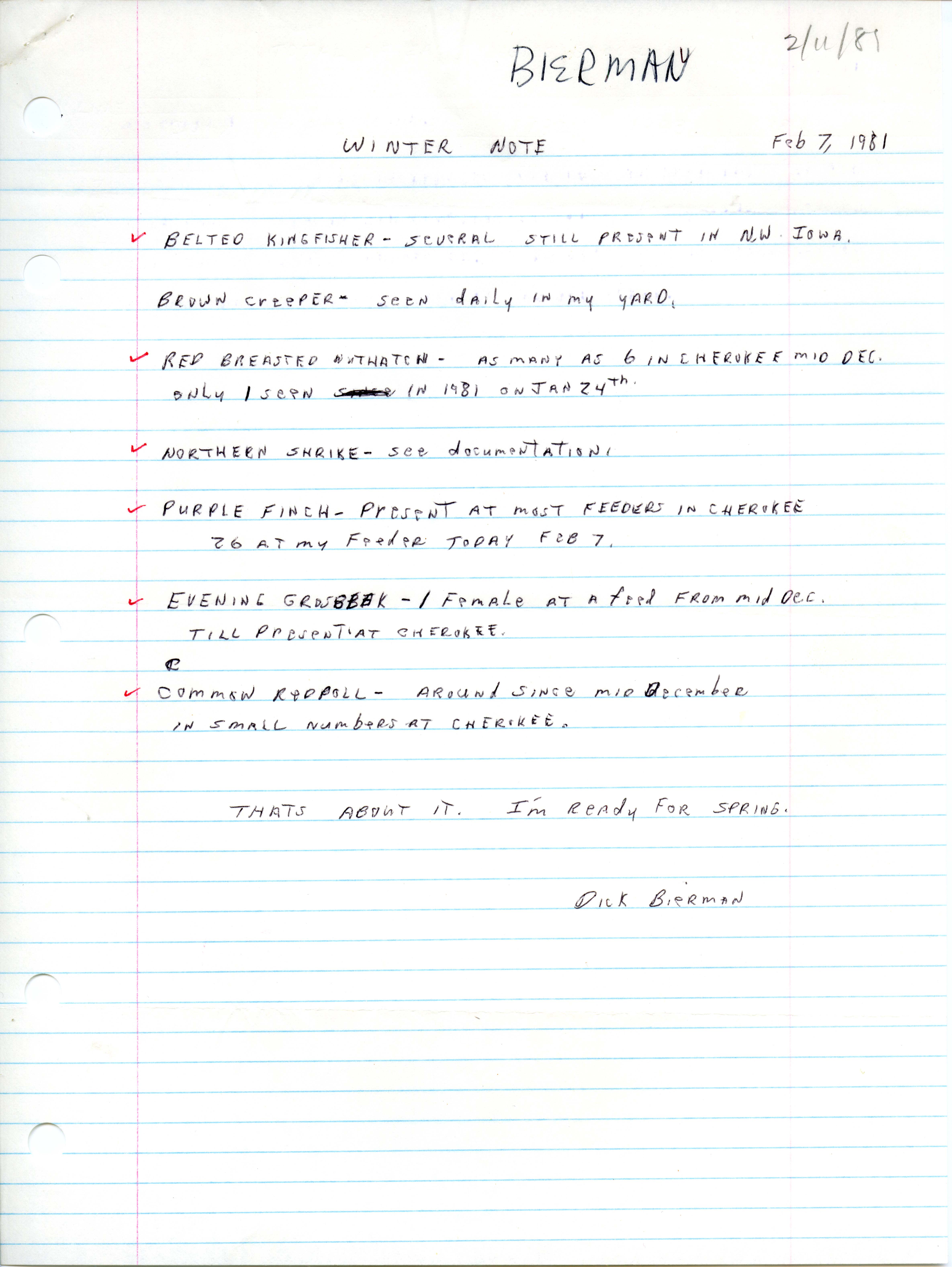 Winter note submitted by Dick Bierman, February 7,1981
