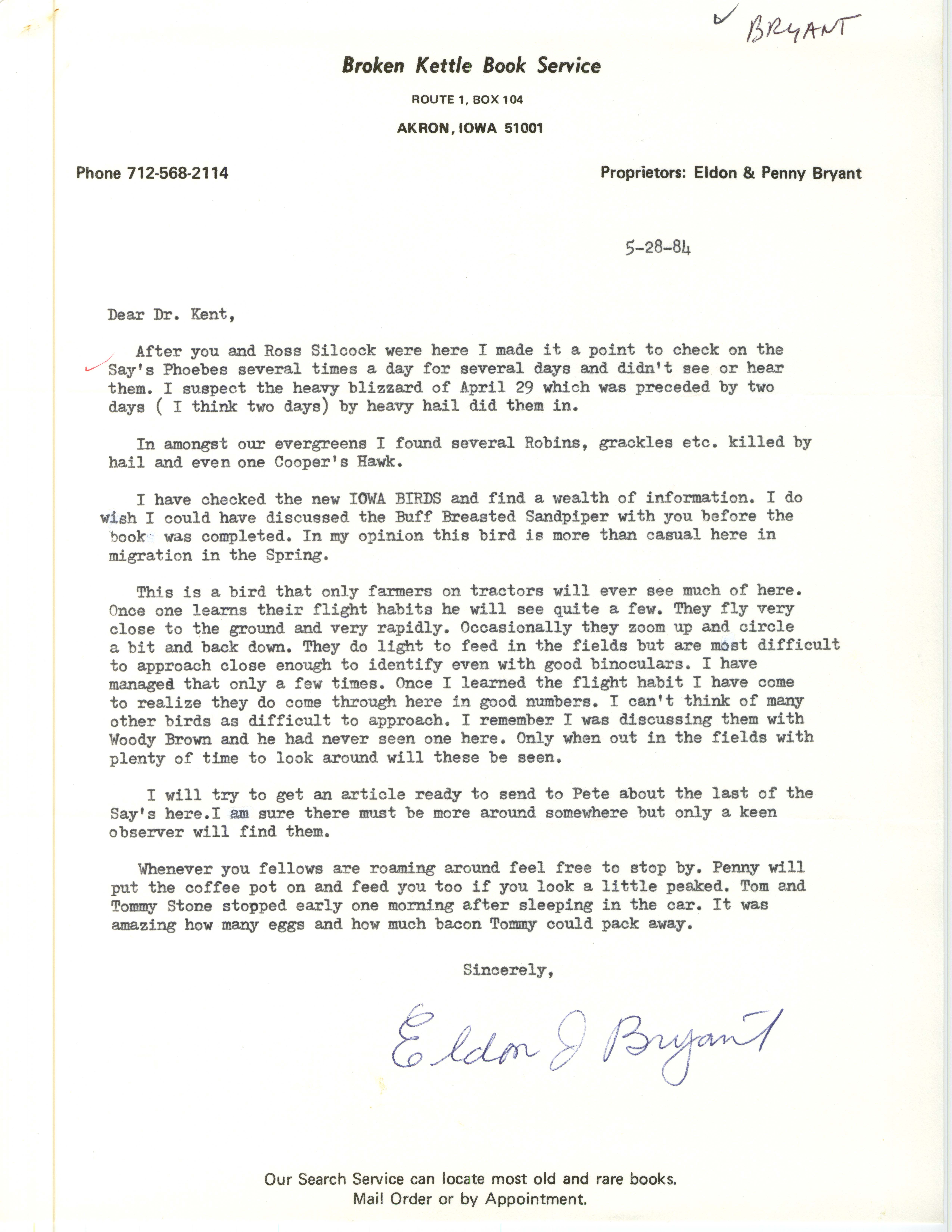 Eldon J. Bryant letter to Thomas H. Kent regarding spring bird sightings, Akron, Iowa, May 28, 1984