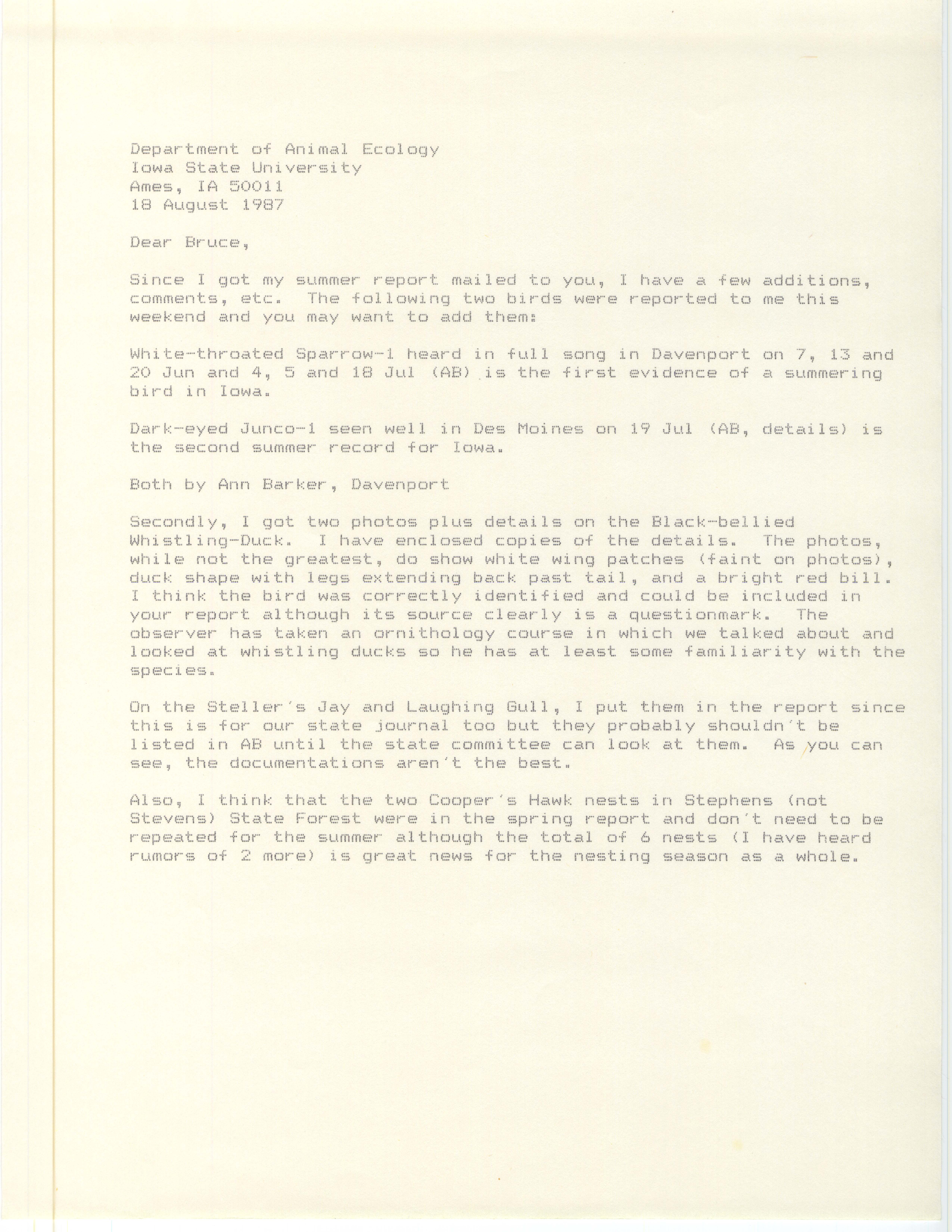 James J. Dinsmore letter to Bruce G. Peterjohn regarding additional summer bird sightings, August 18, 1987