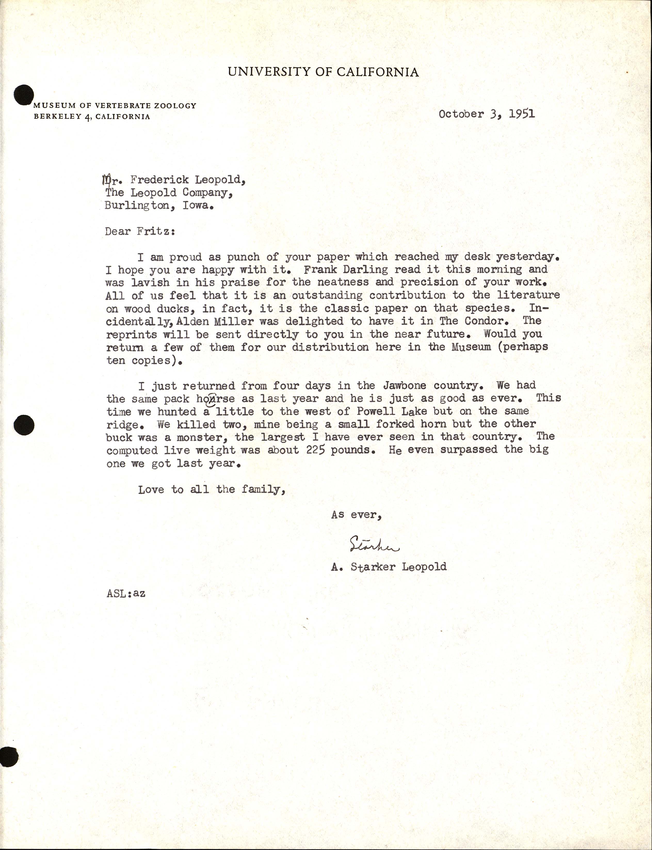 A. Starker Leopold letter to Frederic Leopold regarding a paper on Wood Ducks and a hunting trip, October 3, 1951