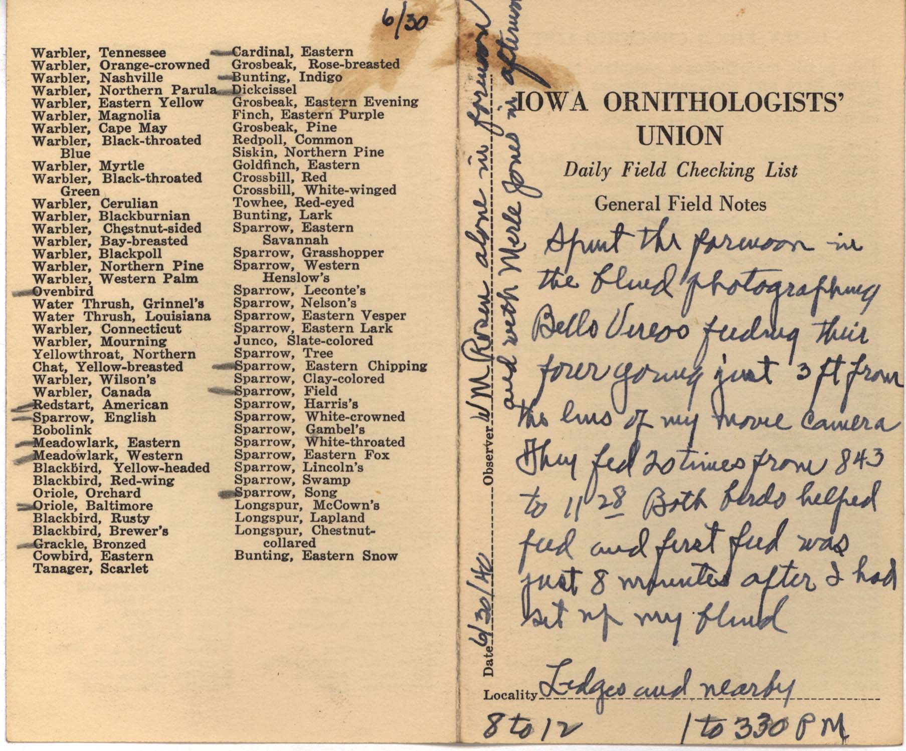 Daily field checking list by Walter Rosene, June 30, 1940