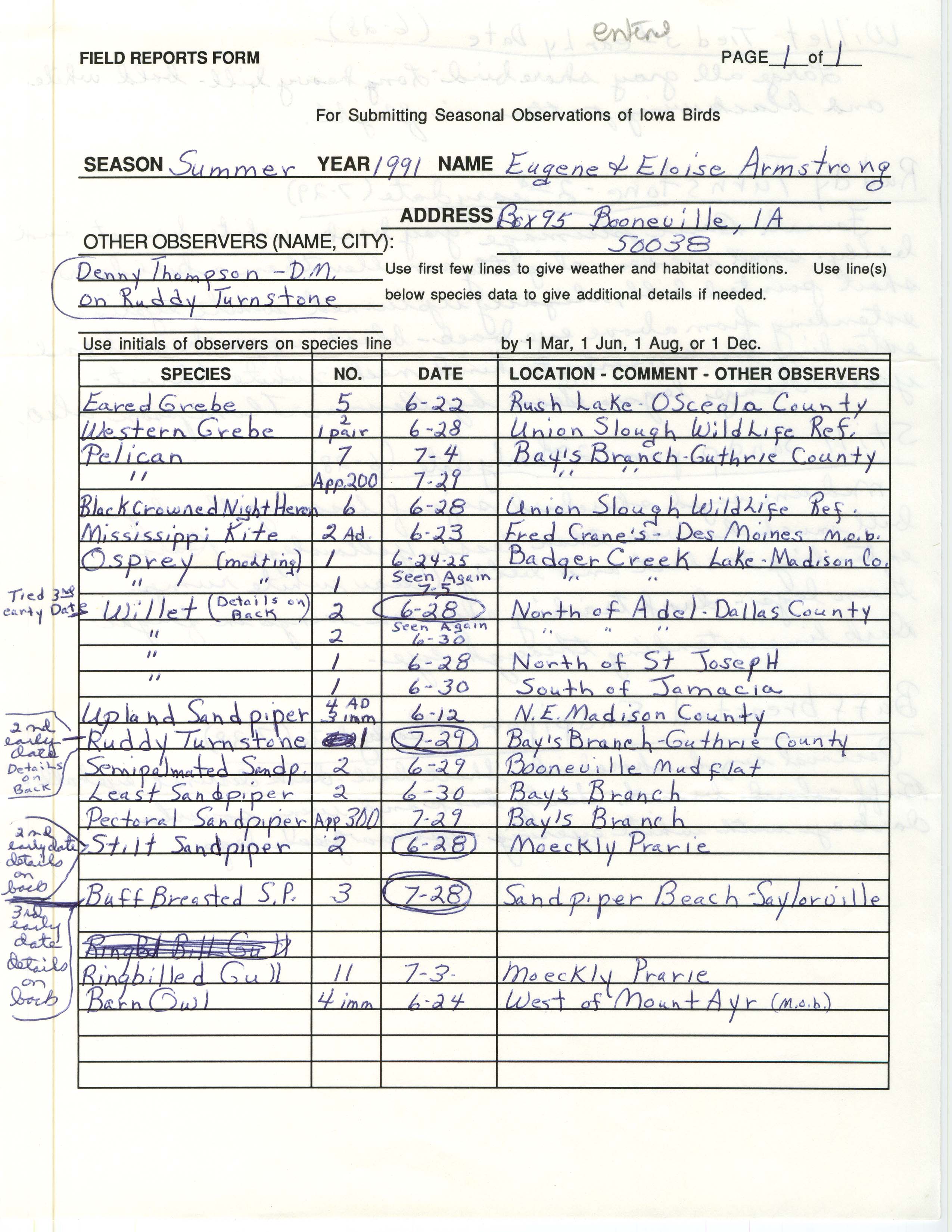 Field reports form for submitting seasonal observations of Iowa birds, Eloise Armstrong and Eugene Armstrong, summer 1991